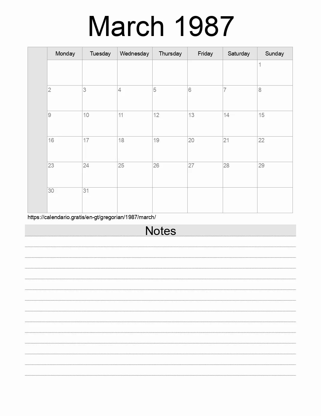 Calendar for printing with notes for 1987 March . (Guatemala) Calendar for printing with notes for 1987 March . (Guatemala)