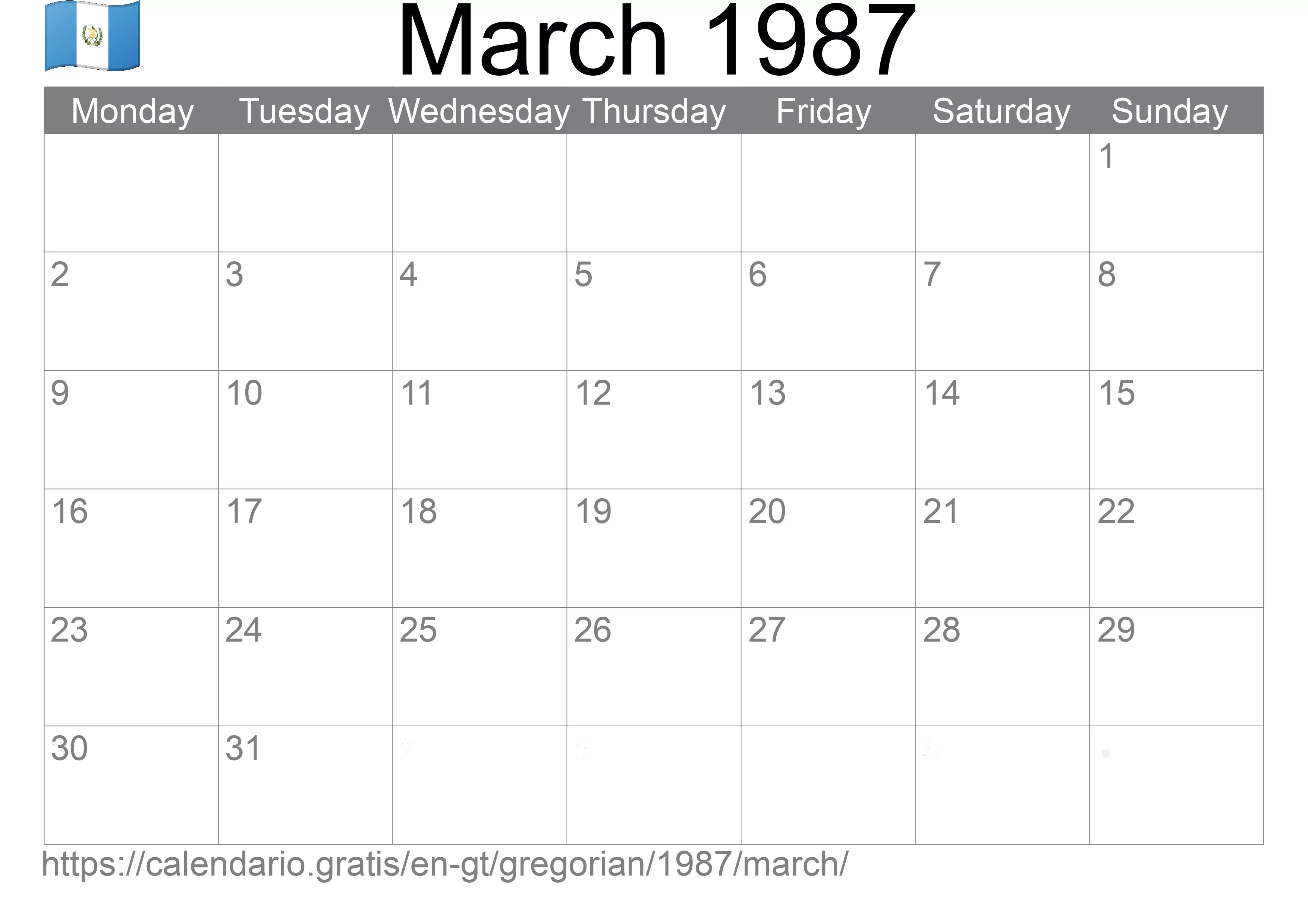 Calendar March 1987 to print (Guatemala) Calendar March 1987 to print (Guatemala)
