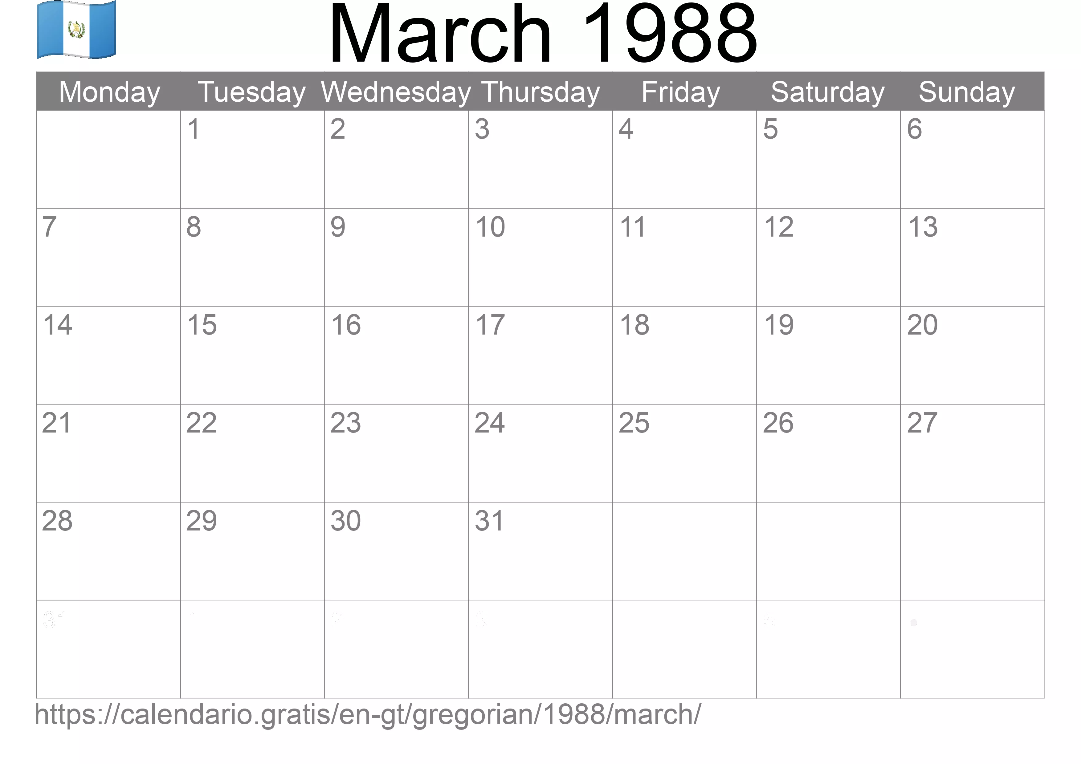 Calendar March 1988 to print (Guatemala) Calendar March 1988 to print (Guatemala)