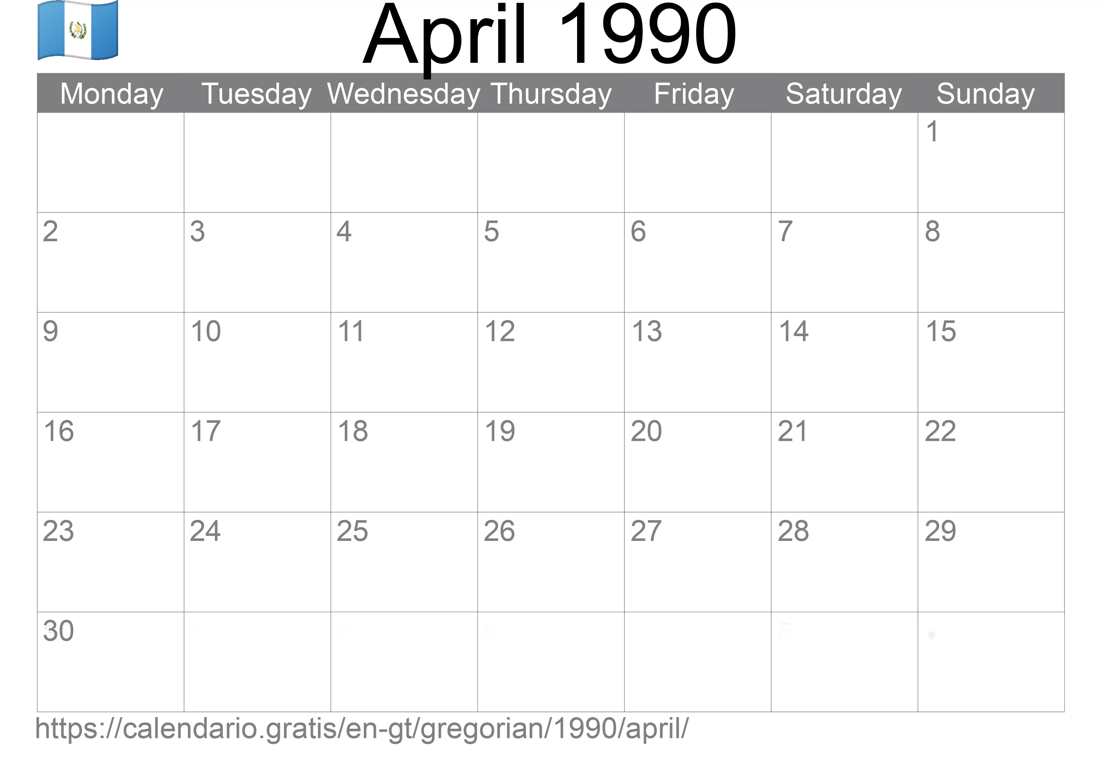 Calendar April 1990 to print (Guatemala) Calendar April 1990 to print (Guatemala)