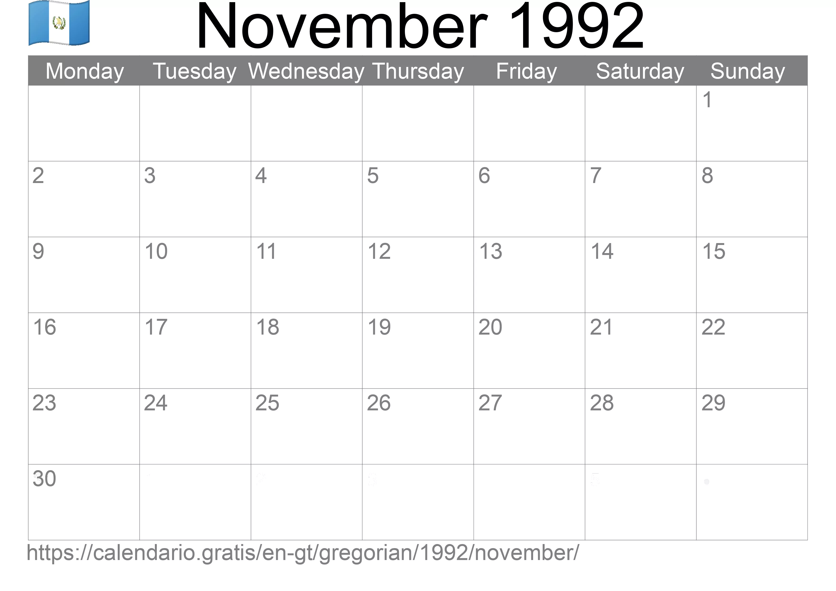 Calendar November 1992 from Guatemala in English: Holidays and moon phase