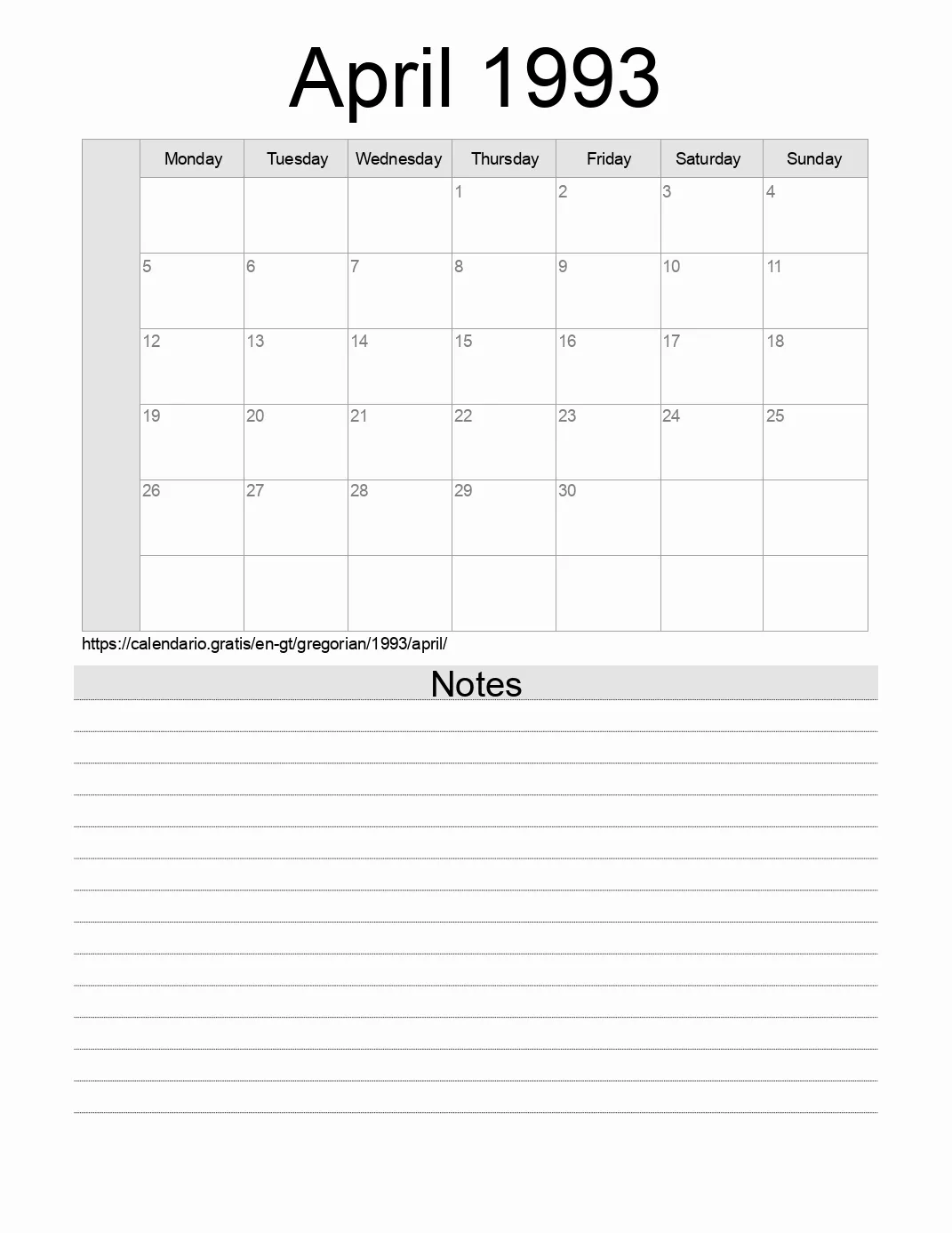 Calendar for printing with notes for 1993 April . (Guatemala) Calendar for printing with notes for 1993 April . (Guatemala)