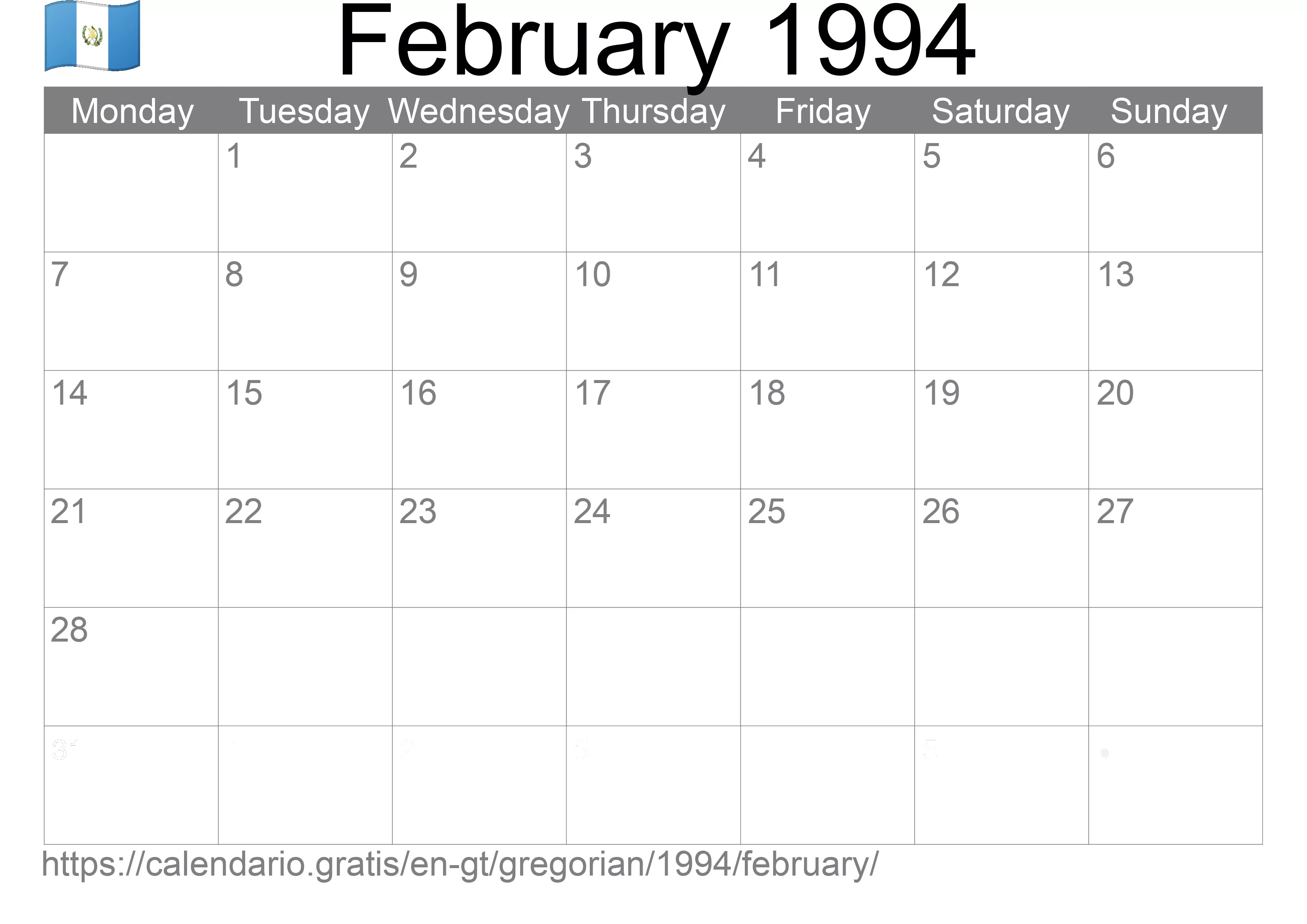 Calendar February 1994 to print (Guatemala)