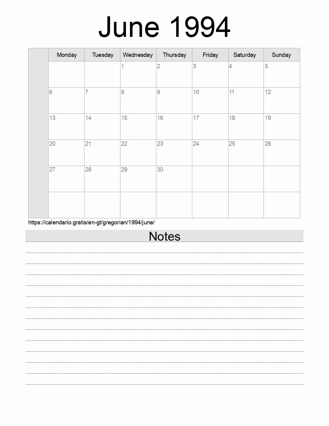 Calendar for printing with notes for 1994 June . (Guatemala)