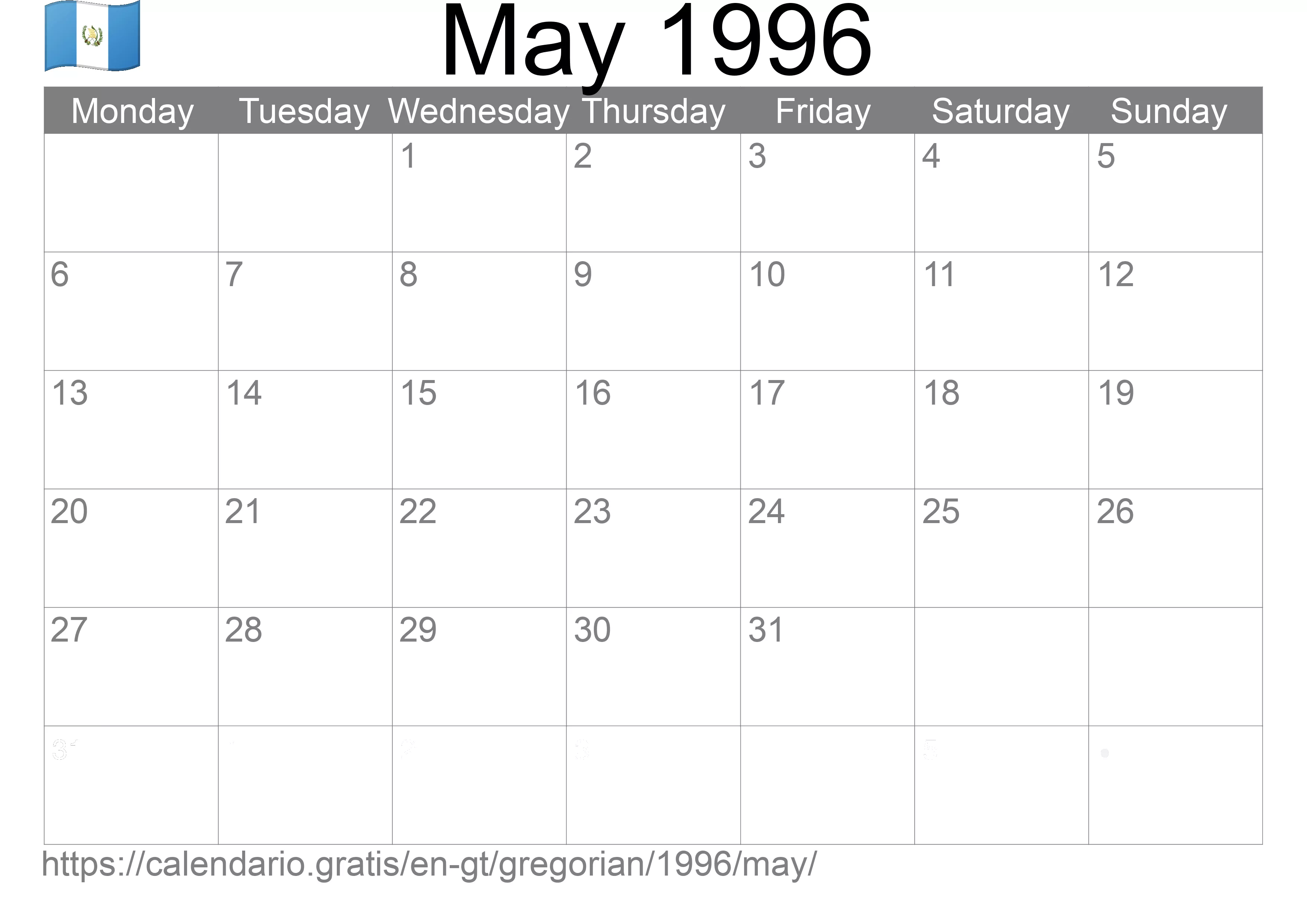 Calendar May 1996 to print (Guatemala) Calendar May 1996 to print (Guatemala)