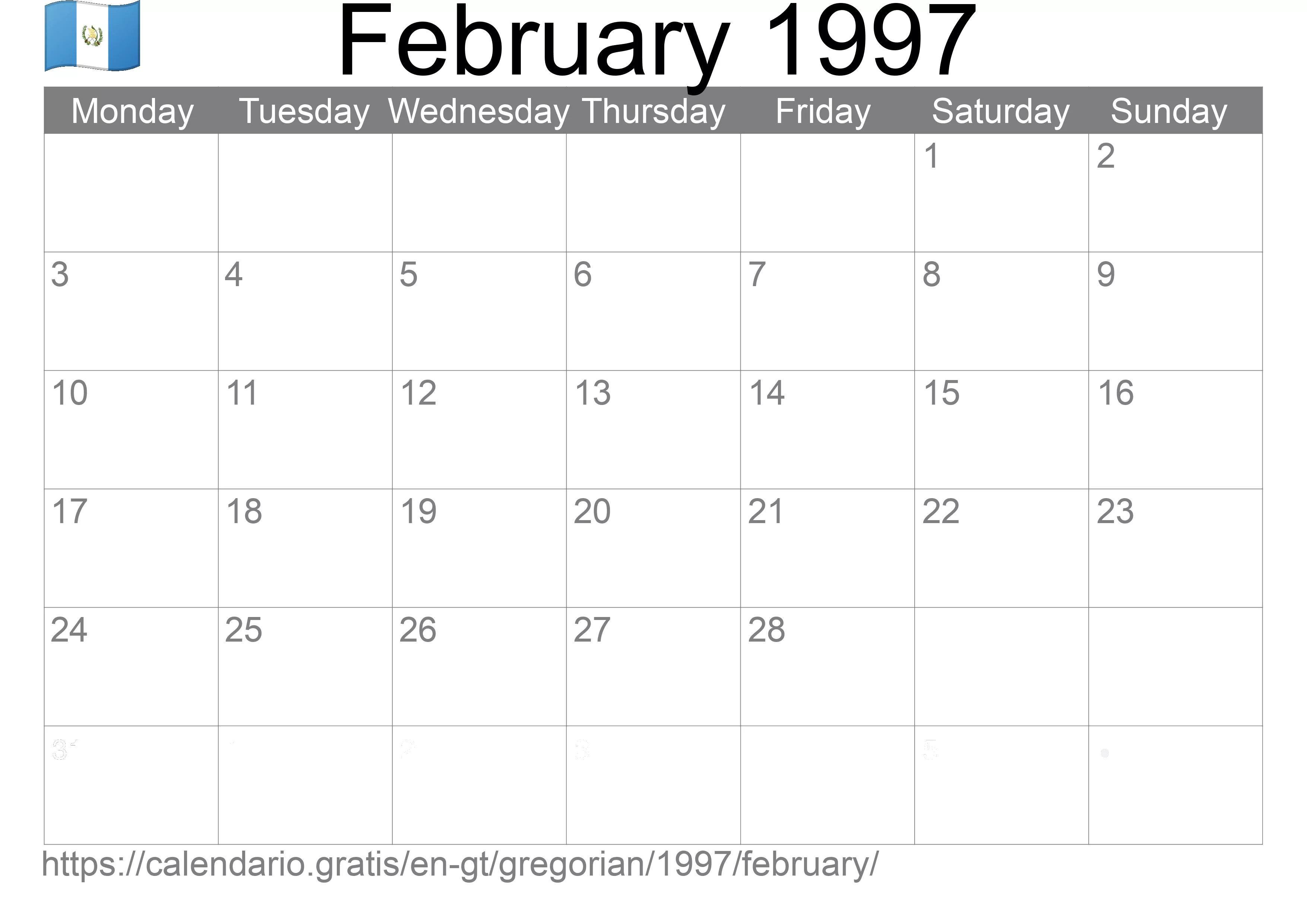 Calendar February 1997 to print (Guatemala) Calendar February 1997 to print (Guatemala)