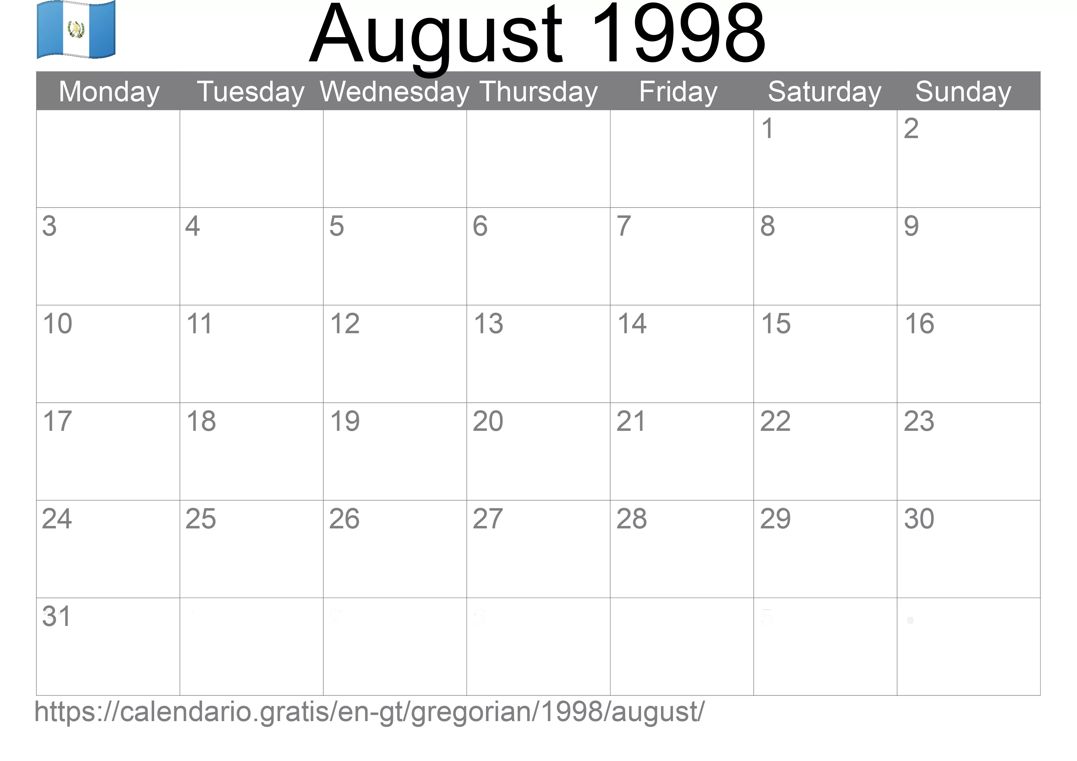 Calendar August 1998 to print (Guatemala) Calendar August 1998 to print (Guatemala)