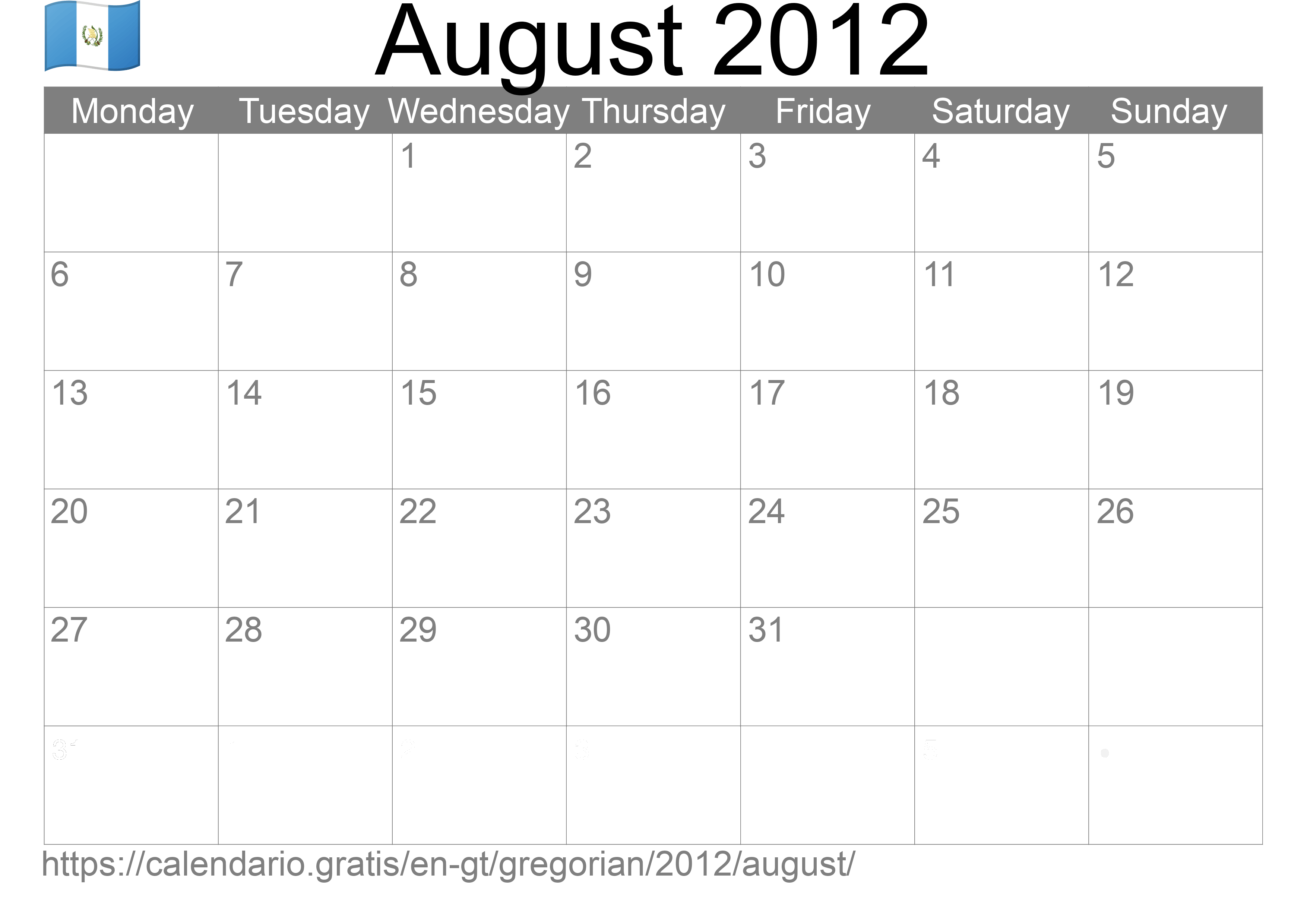 Calendar August 2012 to print