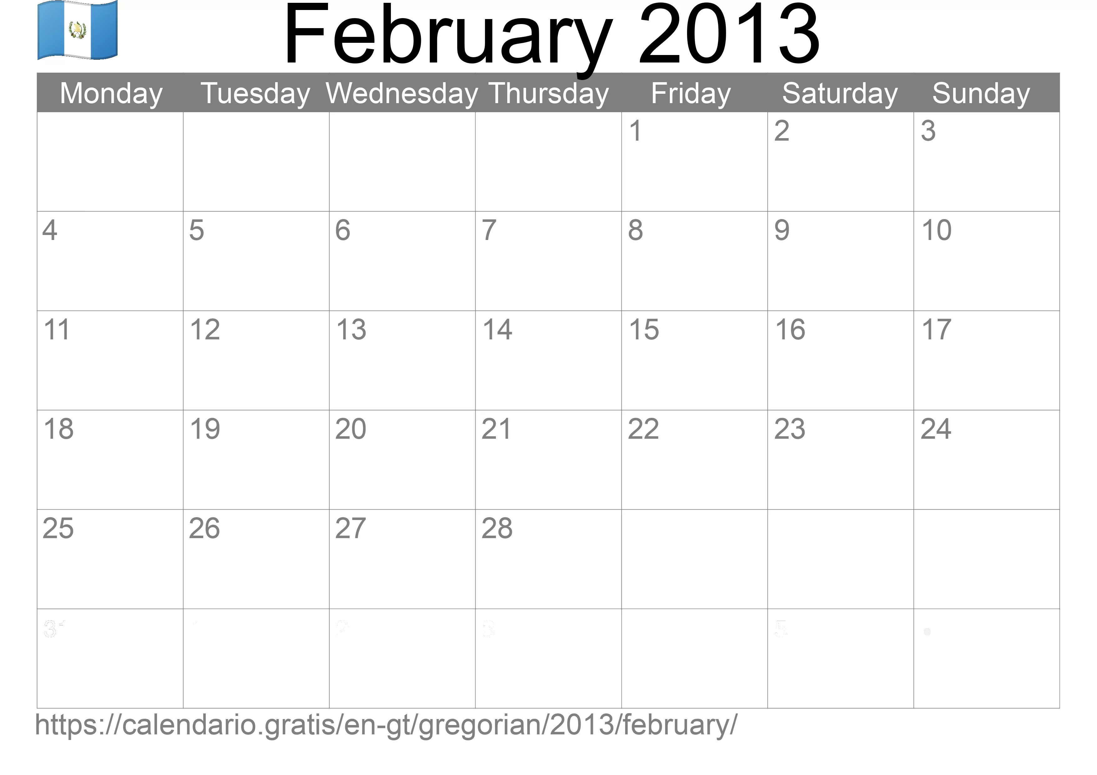 Calendar February 2013 to print (Guatemala) Calendar February 2013 to print (Guatemala)