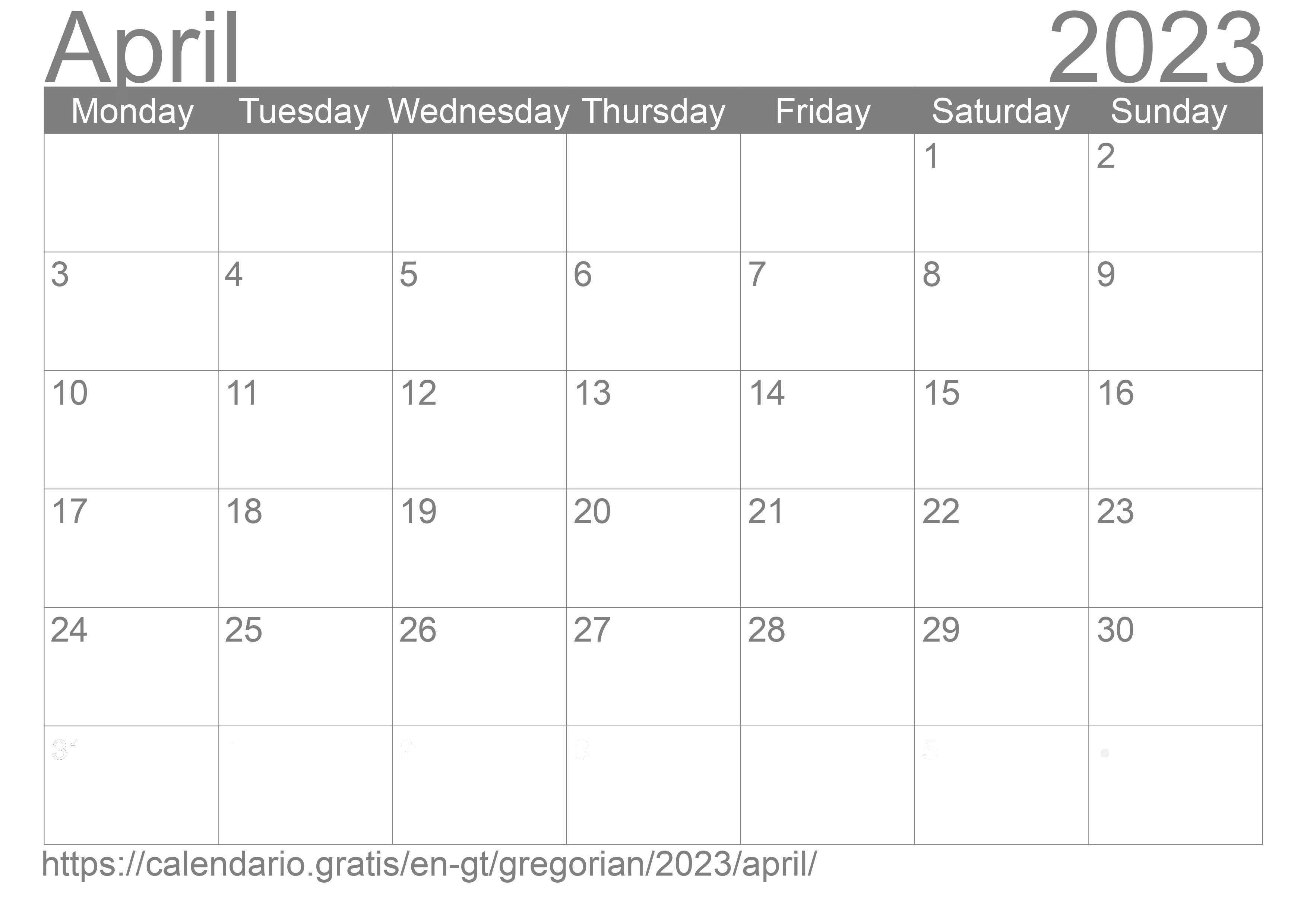 Calendar April 2023 to print