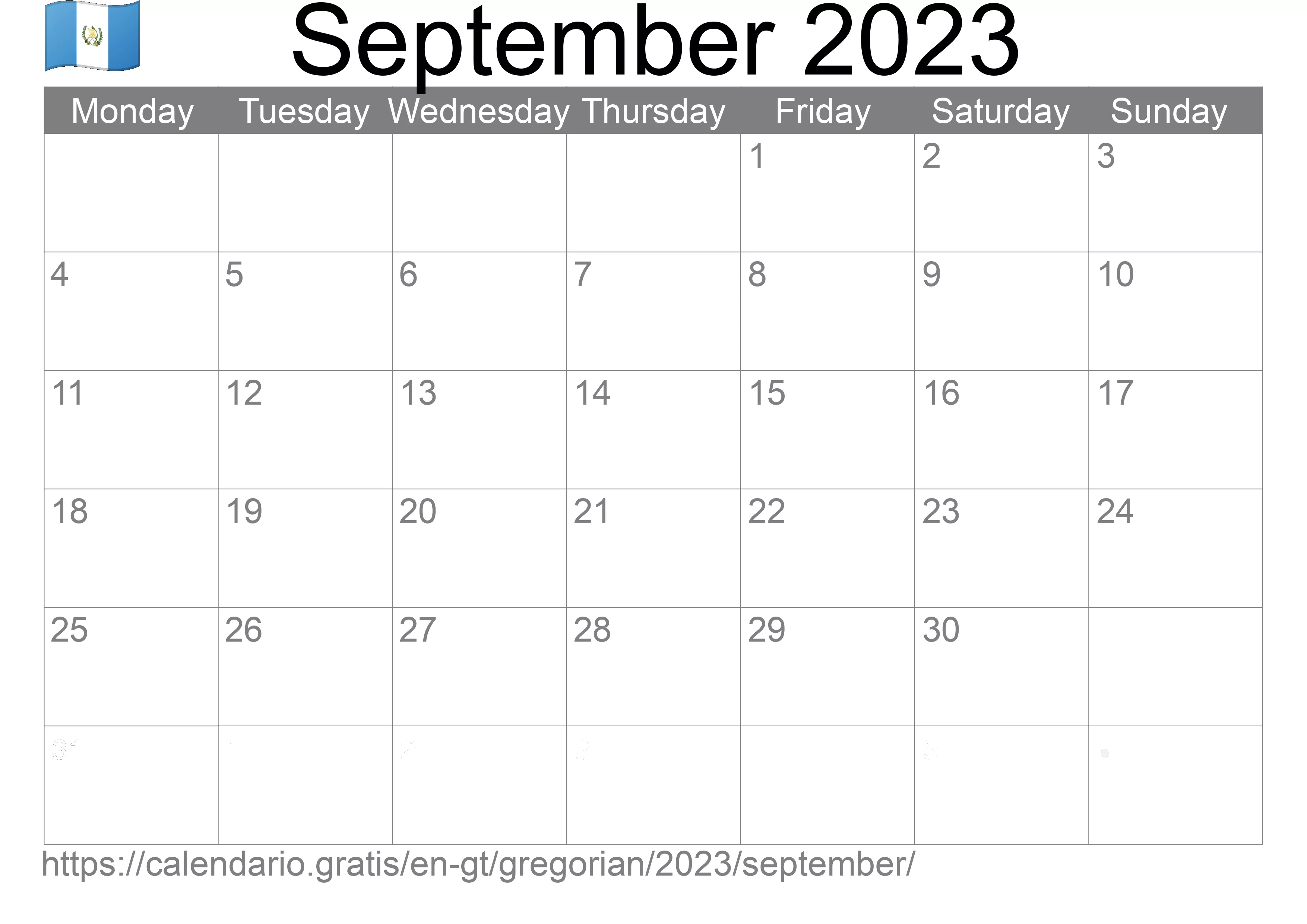 Calendar September 2023 to print (Guatemala) Calendar September 2023 to print (Guatemala)