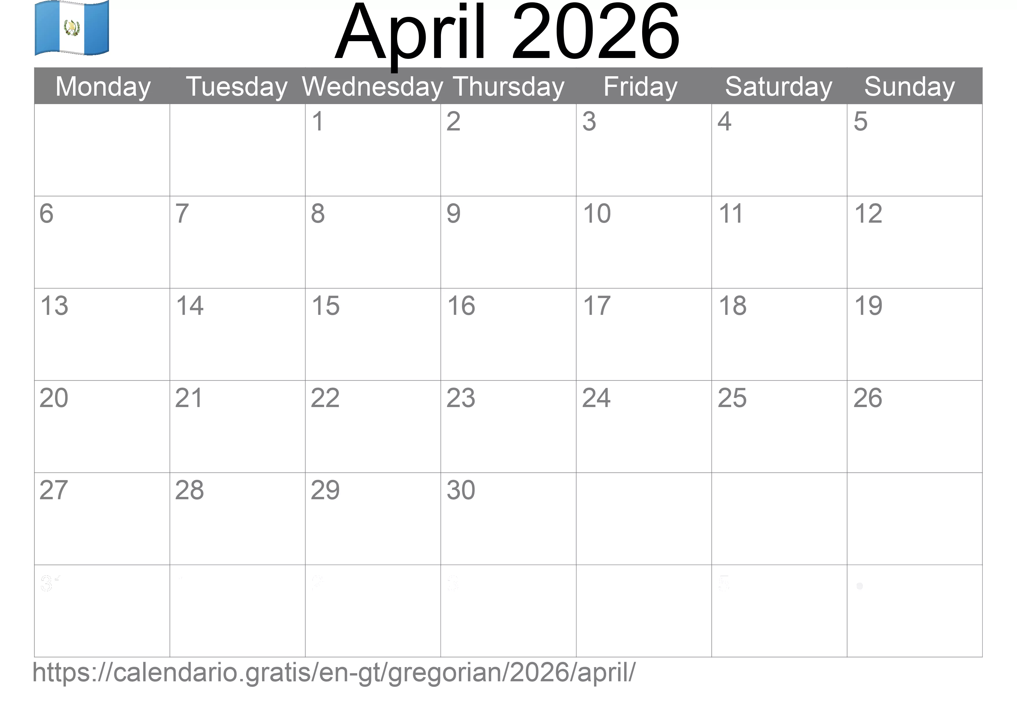 Calendar April 2026 to print (Guatemala) Calendar April 2026 to print (Guatemala)