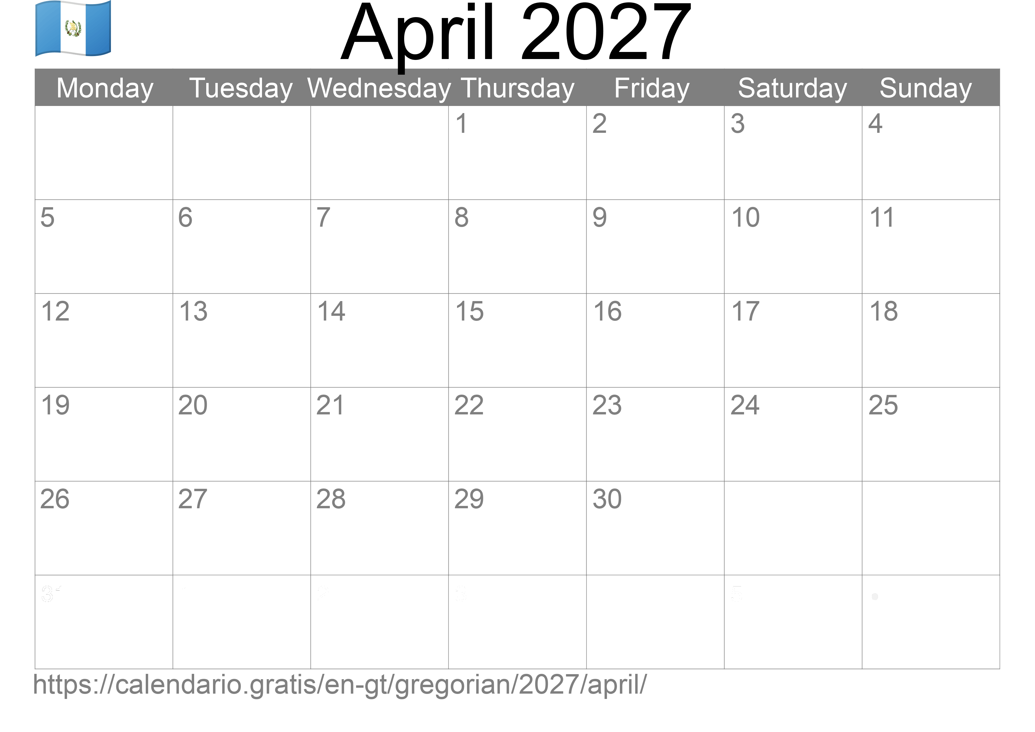 Calendar April 2027 to print