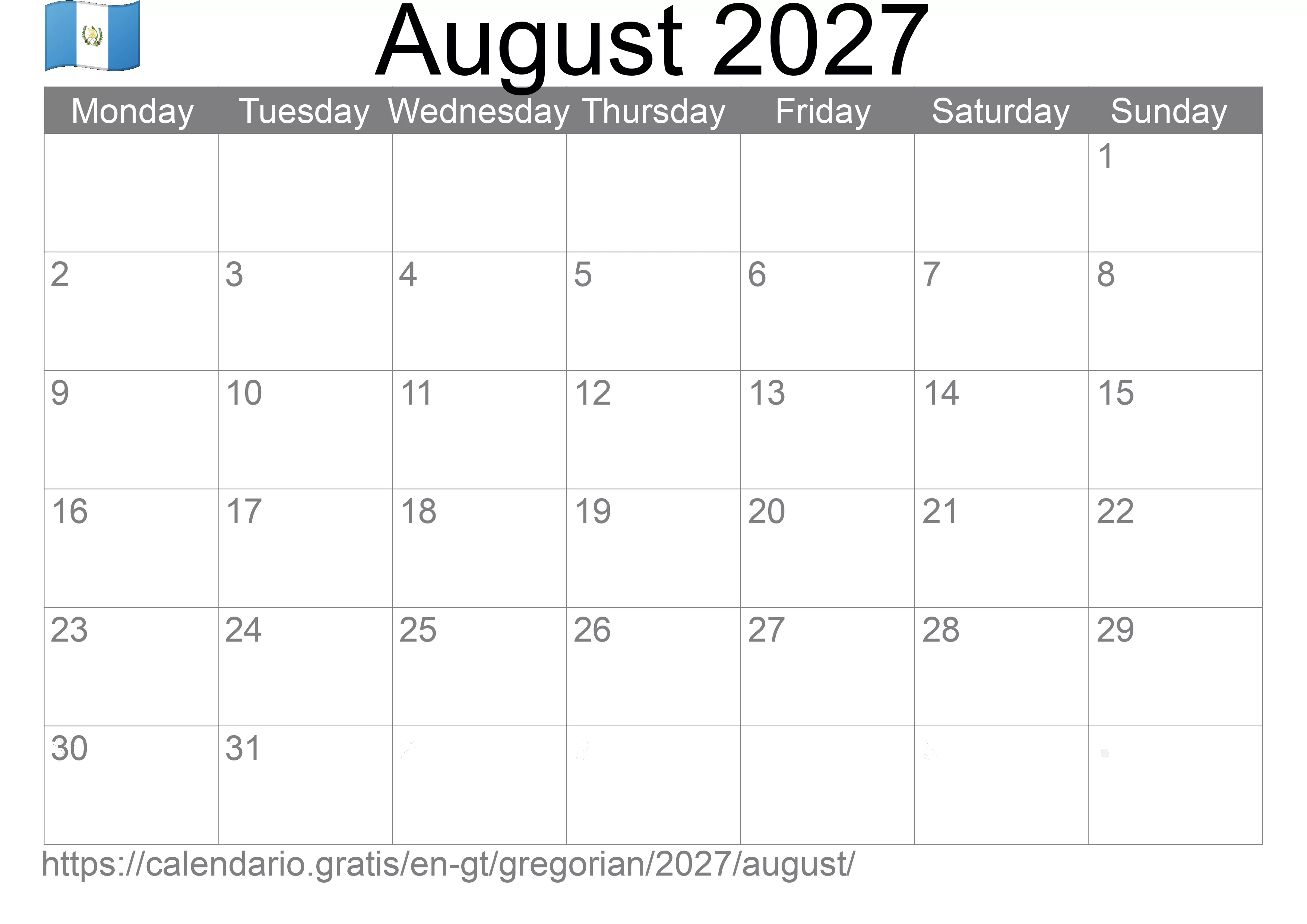 Calendar August 2027 to print (Guatemala) Calendar August 2027 to print (Guatemala)