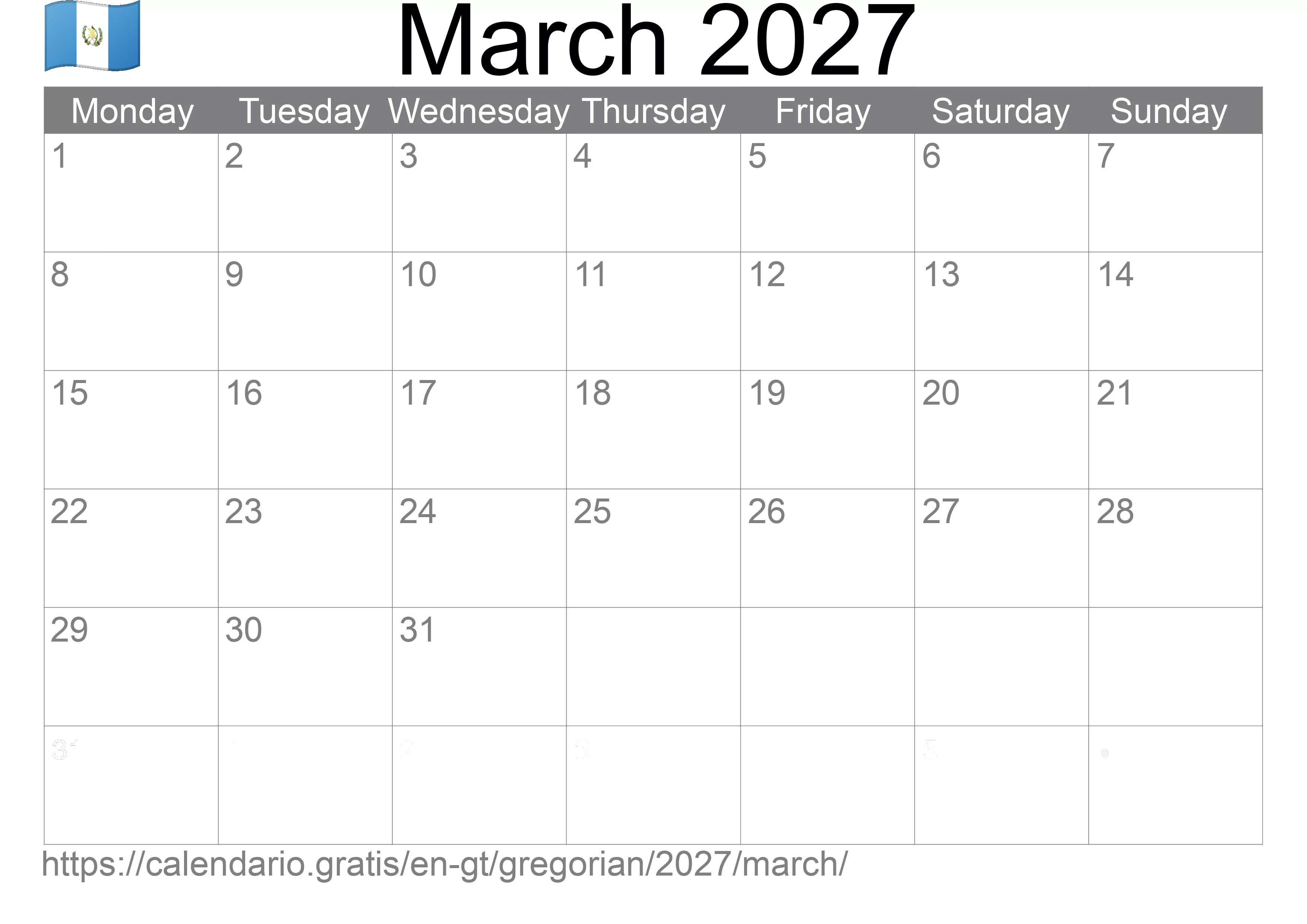 Calendar March 2027 to print (Guatemala) Calendar March 2027 to print (Guatemala)