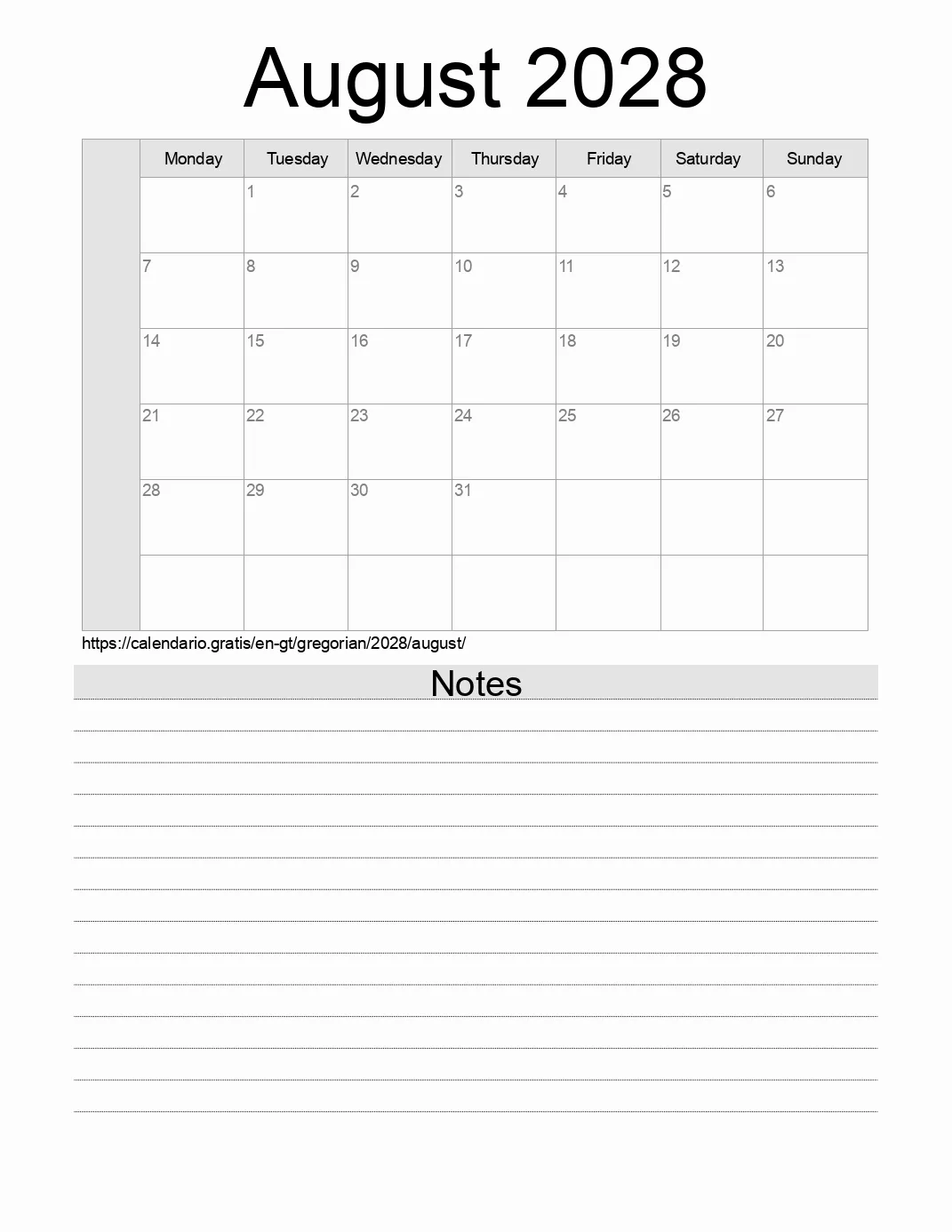 Calendar for printing with notes for 2028 August . (Guatemala) Calendar for printing with notes for 2028 August . (Guatemala)