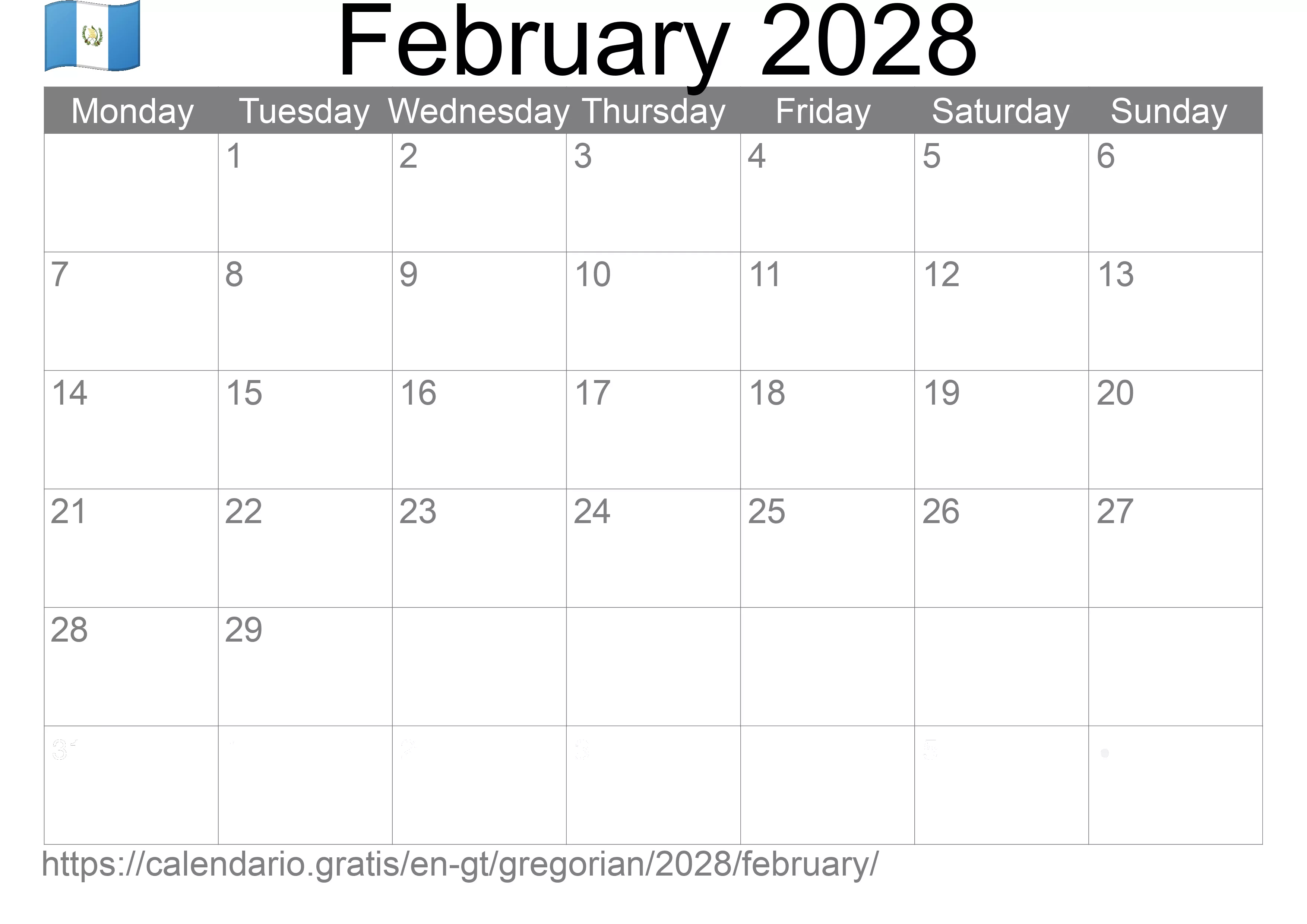 Calendar February 2028 to print (Guatemala) Calendar February 2028 to print (Guatemala)
