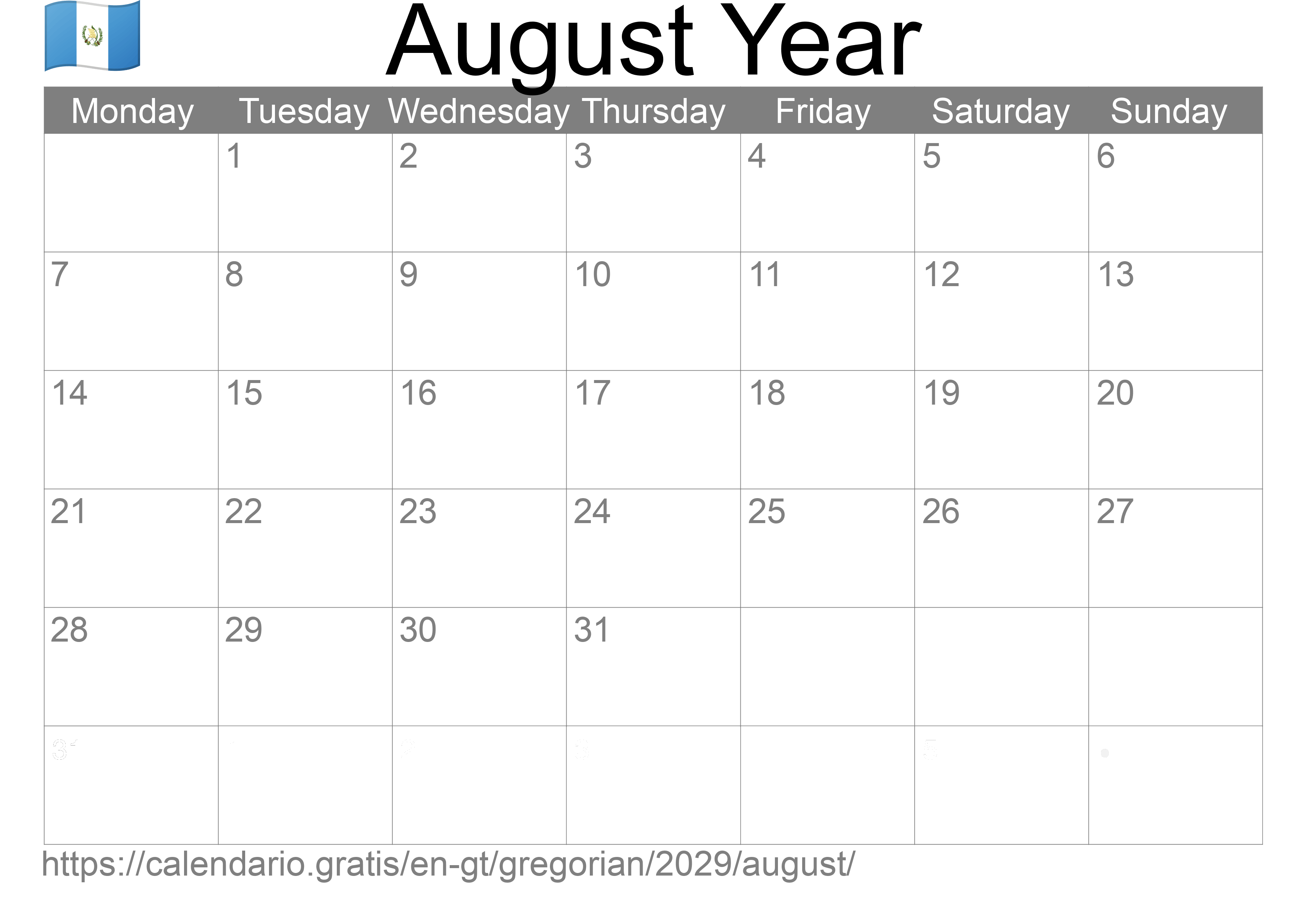 Calendar August 2029 to print