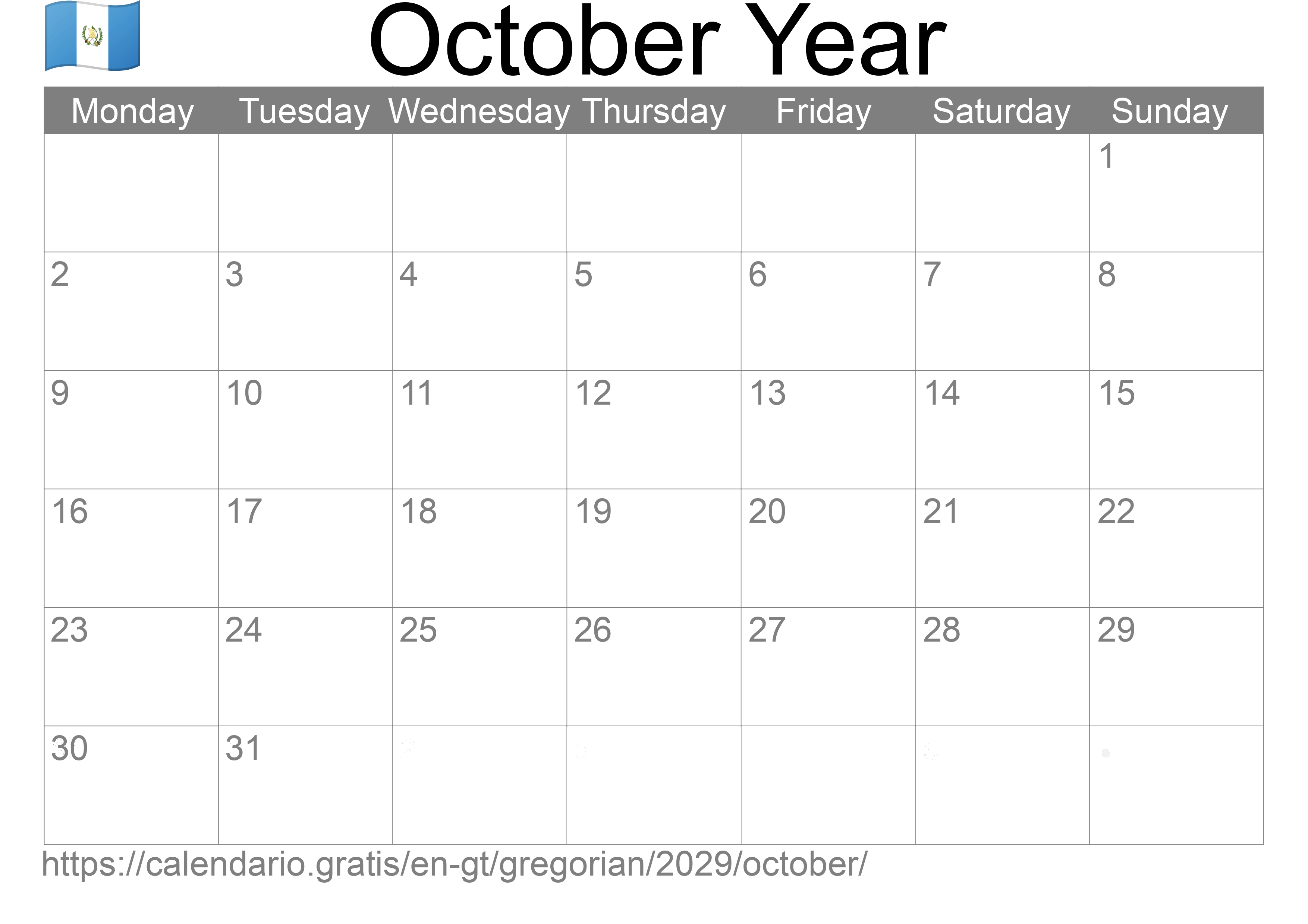 Calendar October 2029 to print