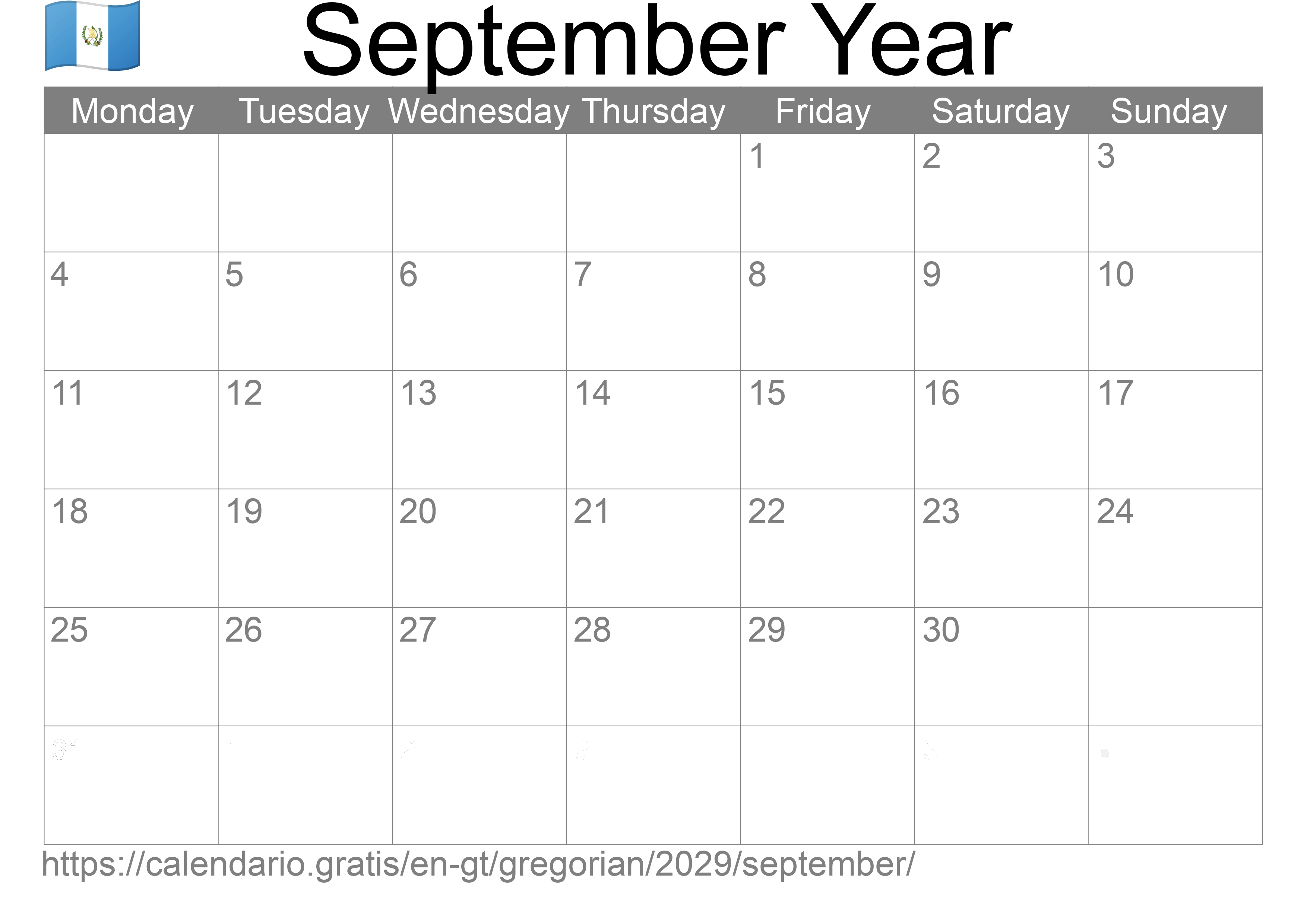 Calendar September 2029 to print