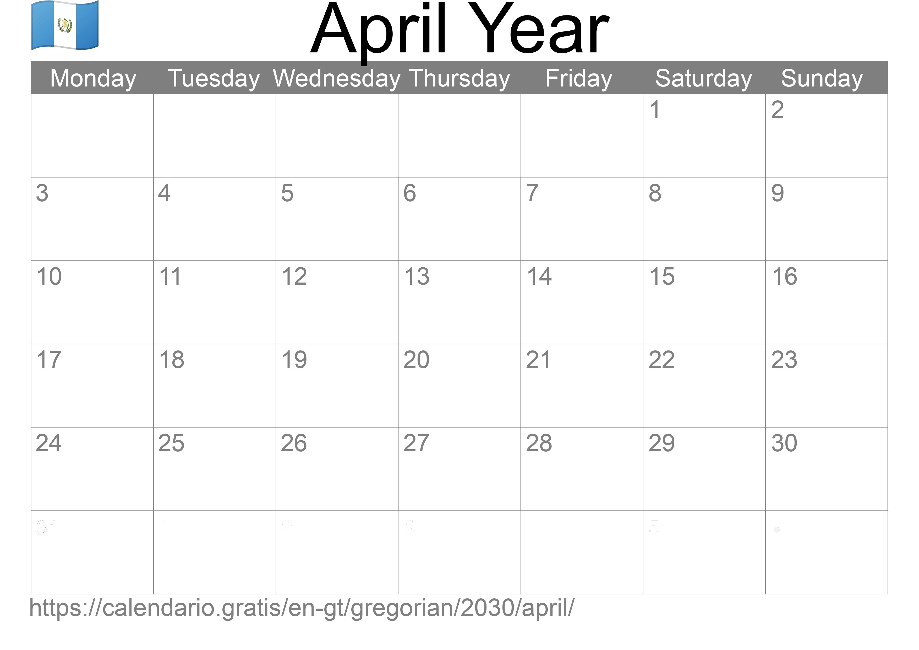 Calendar April 2030 to print