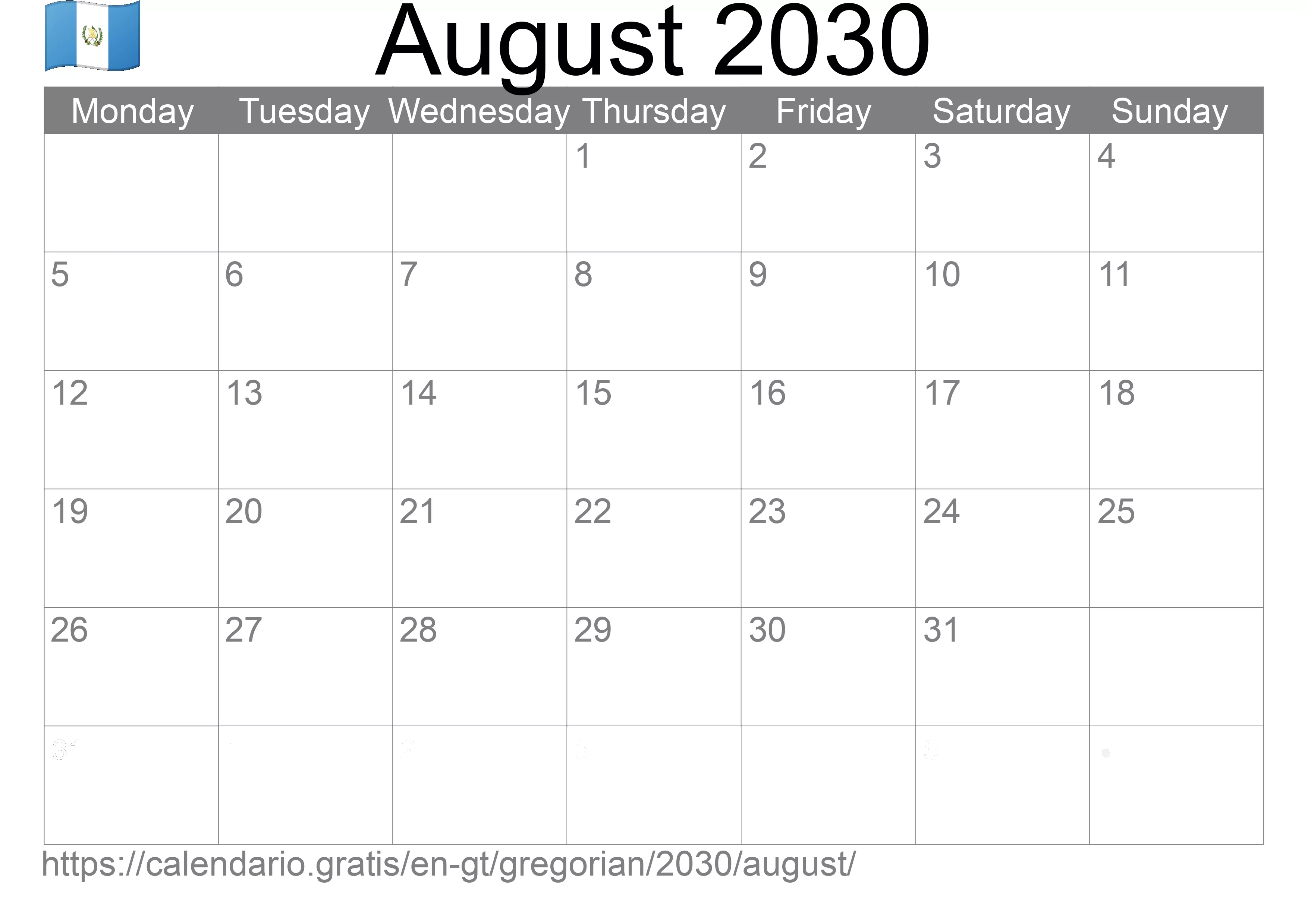 Calendar August 2030 to print (Guatemala)