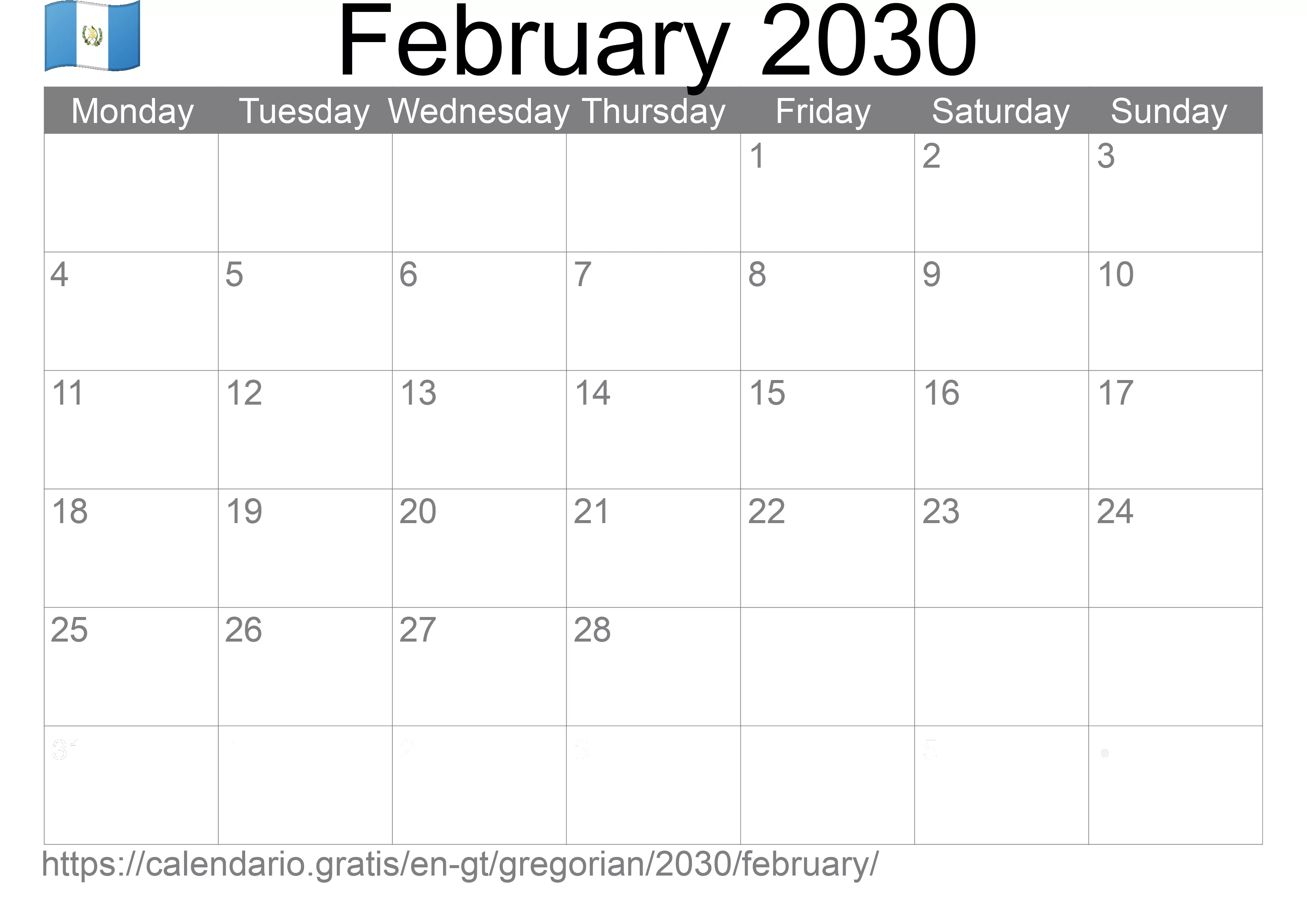 Calendar February 2030 to print (Guatemala) Calendar February 2030 to print (Guatemala)
