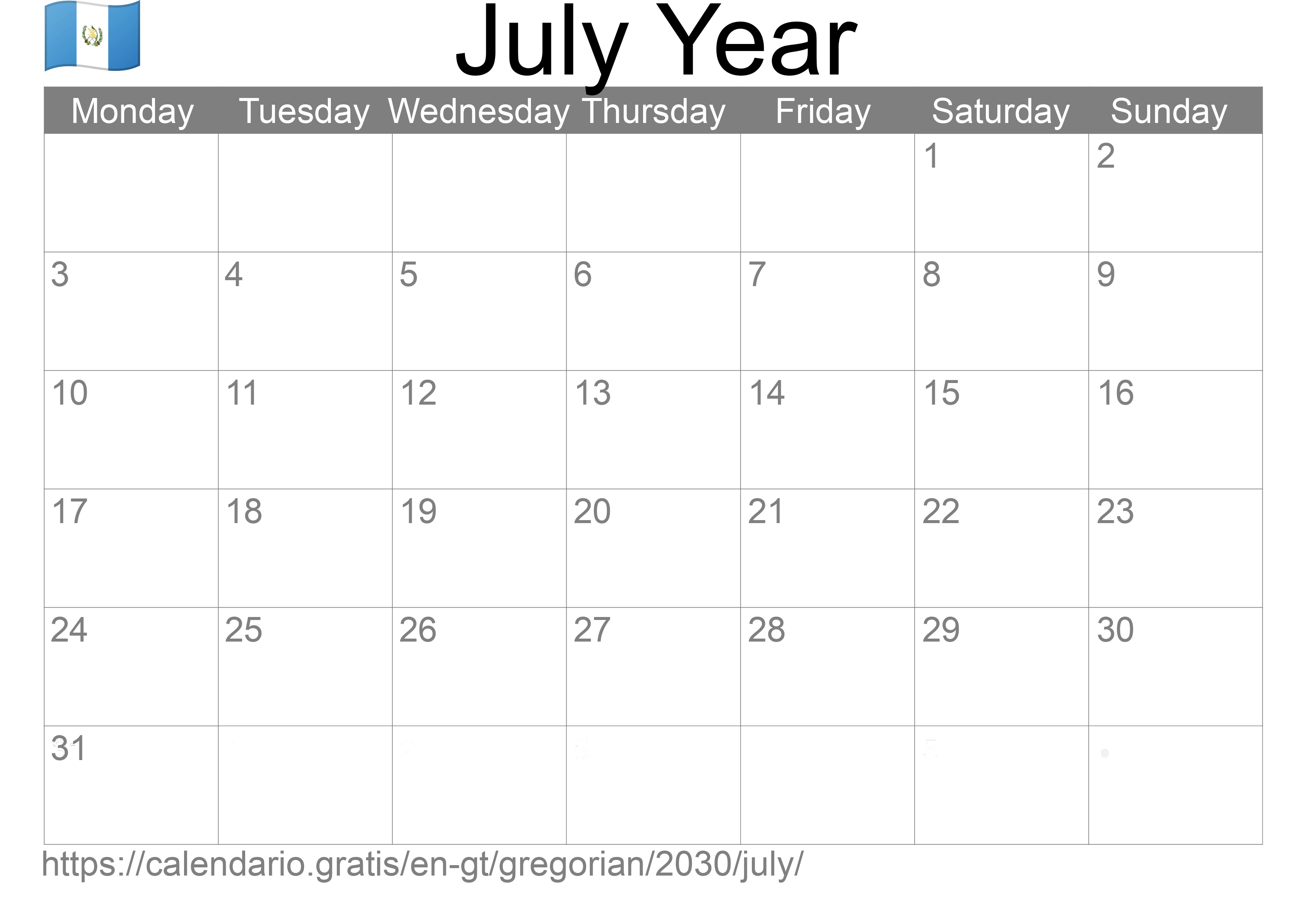 Calendar July 2030 to print