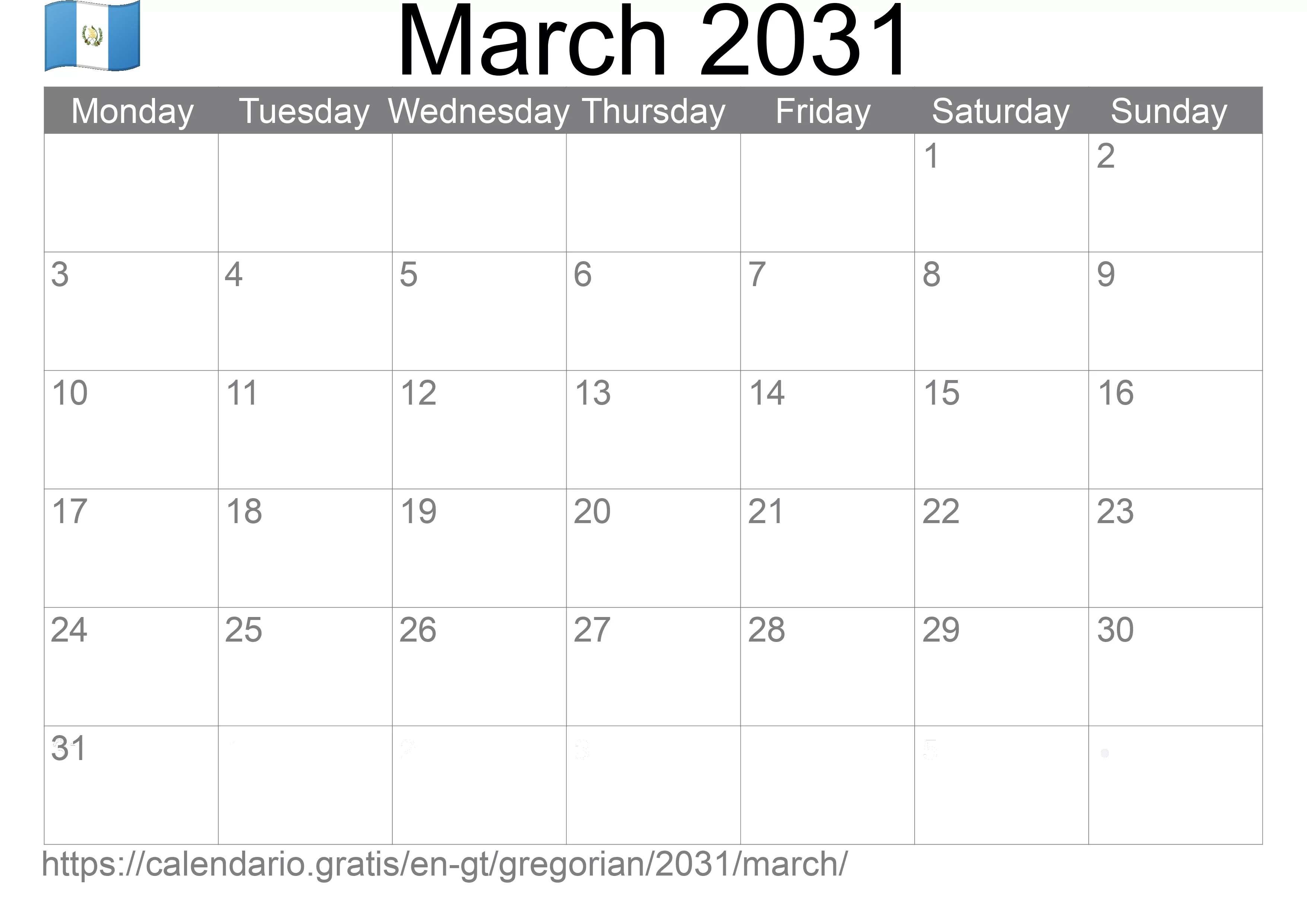 Calendar March 2031 to print (Guatemala) Calendar March 2031 to print (Guatemala)