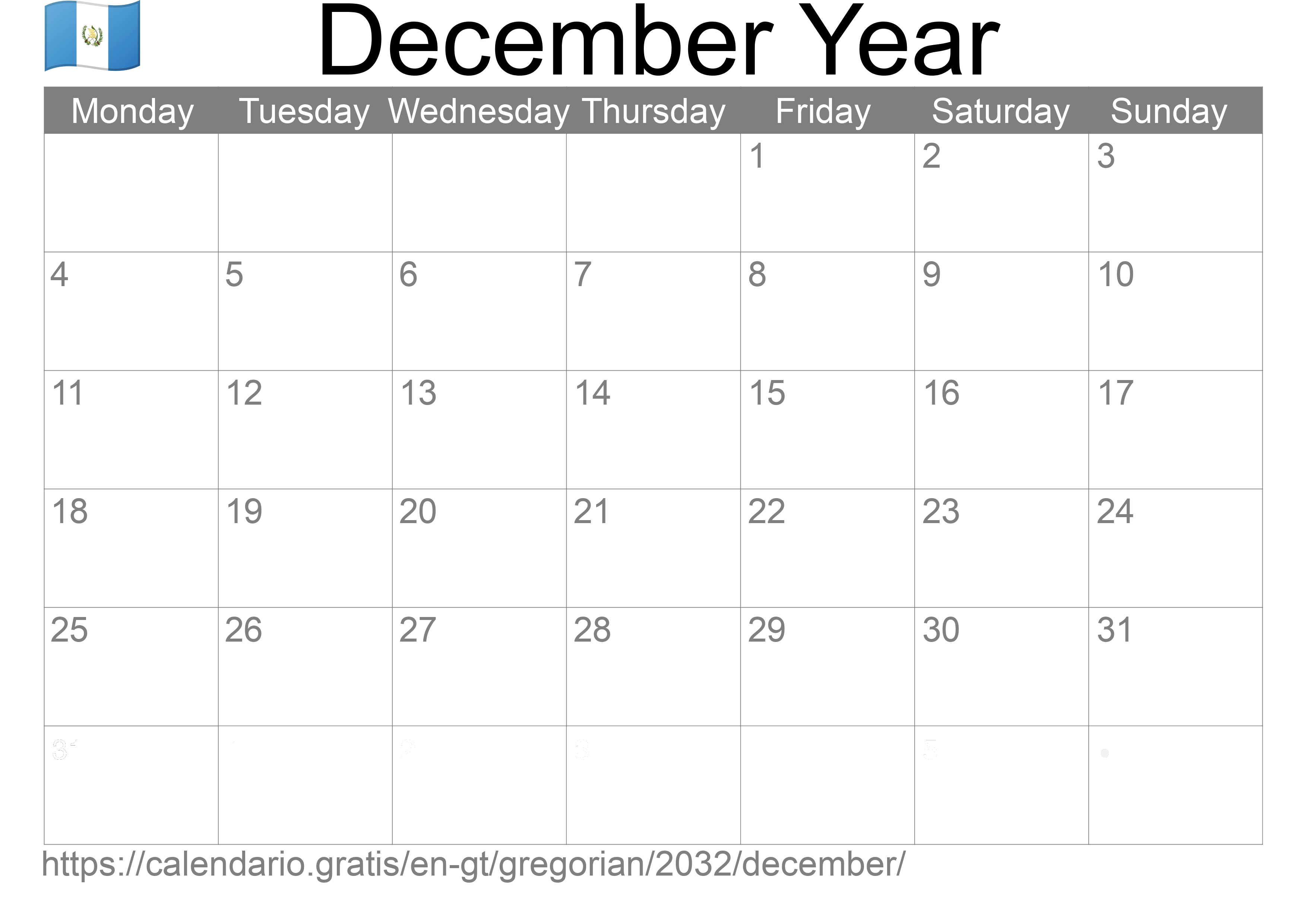 Calendar December 2032 to print