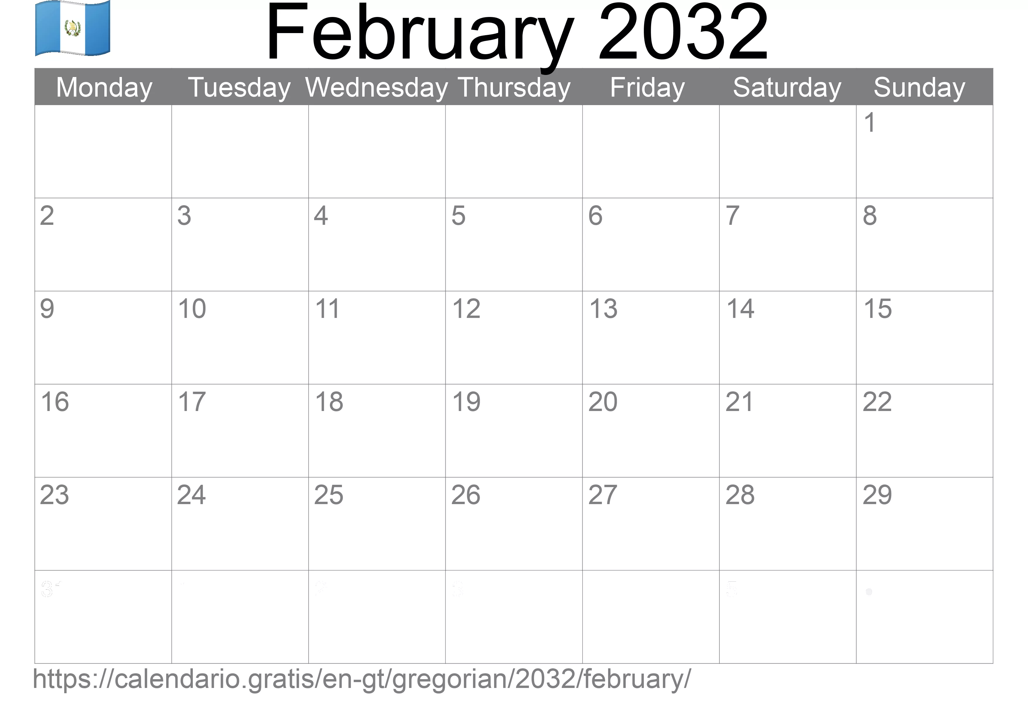 Calendar February 2032 to print (Guatemala) Calendar February 2032 to print (Guatemala)