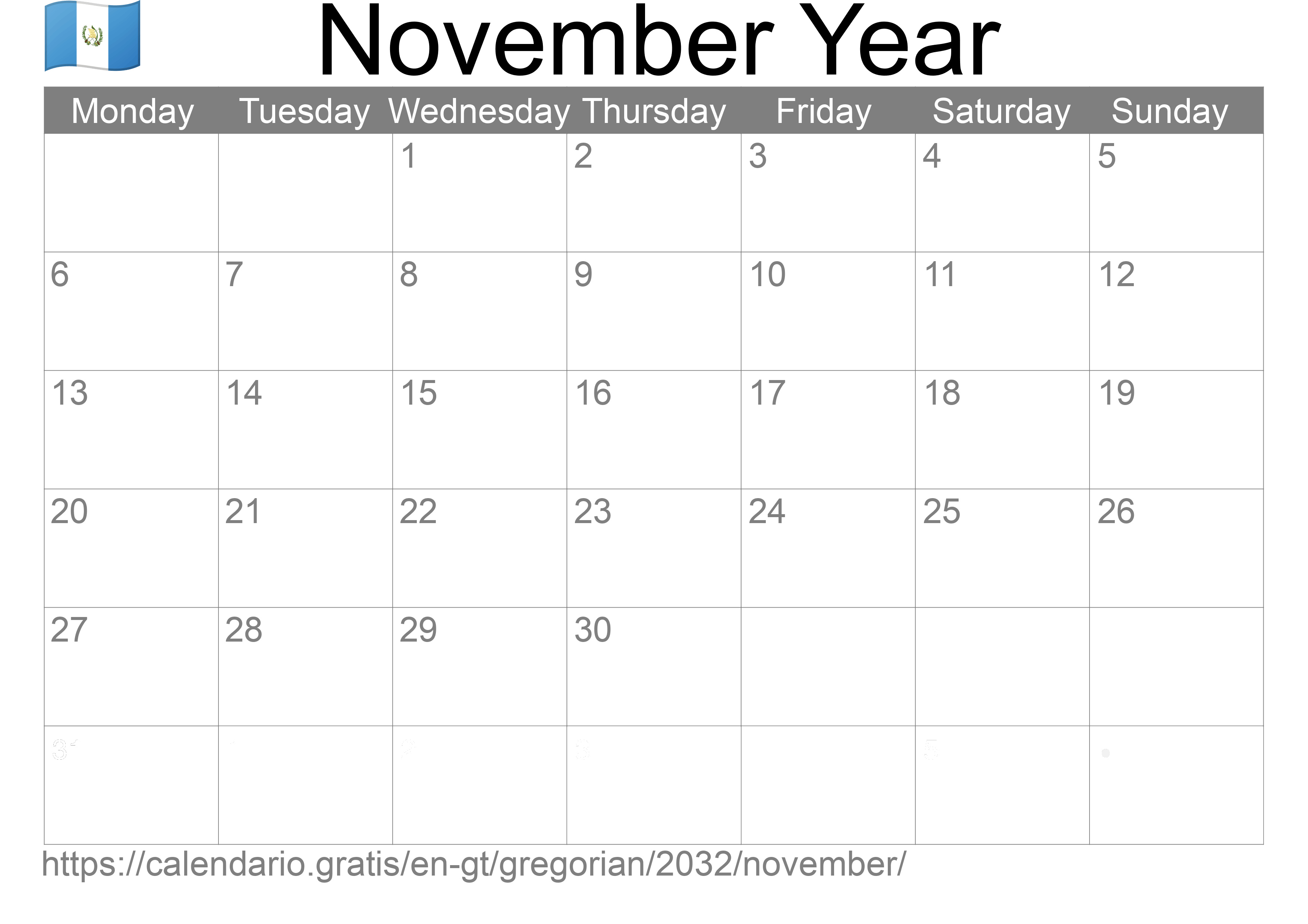 Calendar November 2032 to print