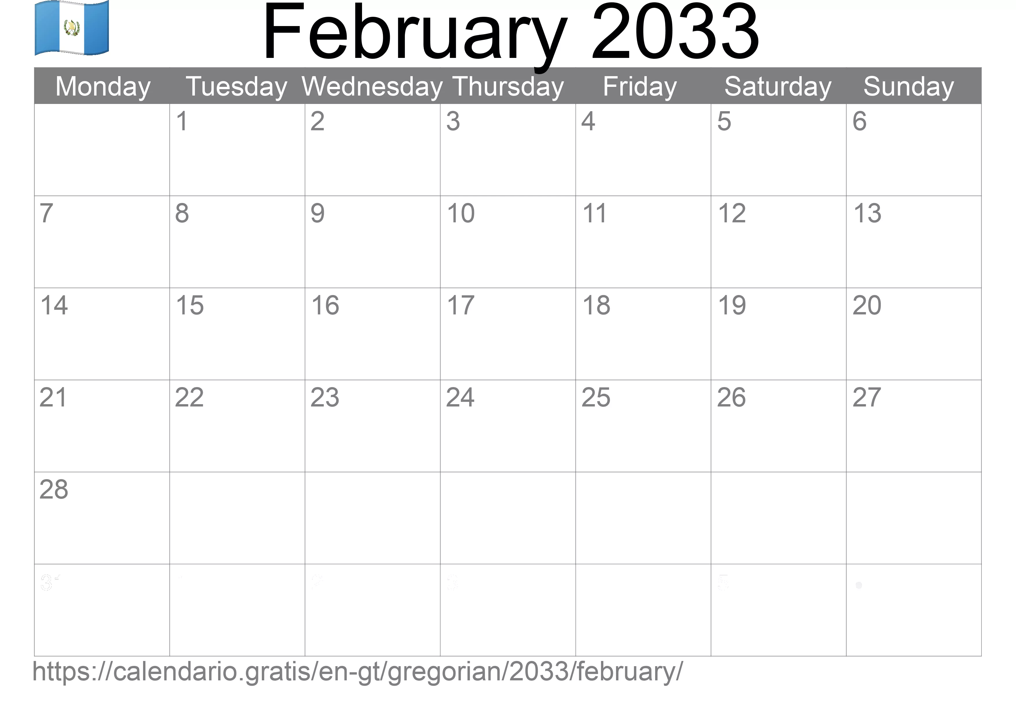 Calendar February 2033 to print (Guatemala) Calendar February 2033 to print (Guatemala)