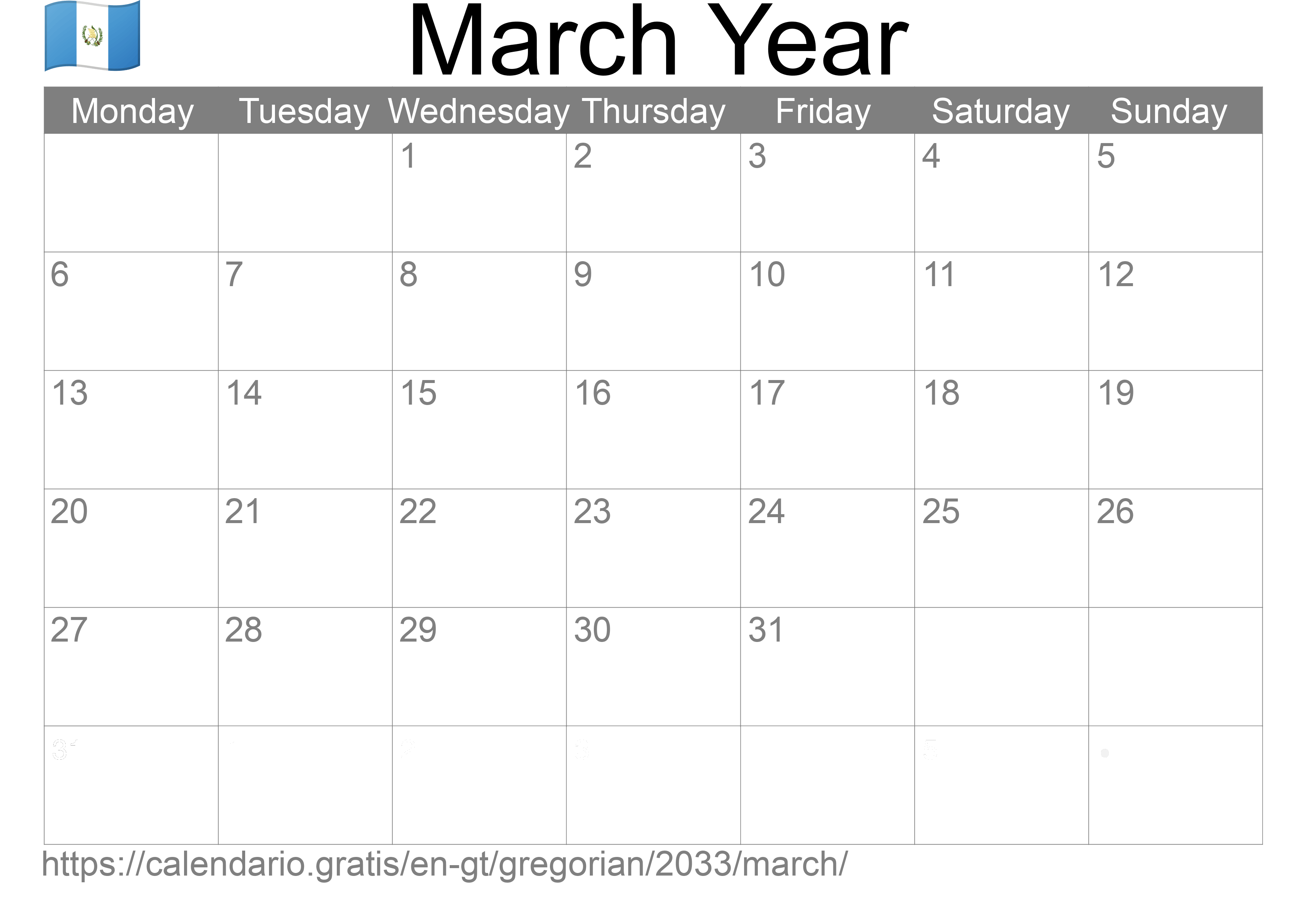 Calendar March 2033 to print