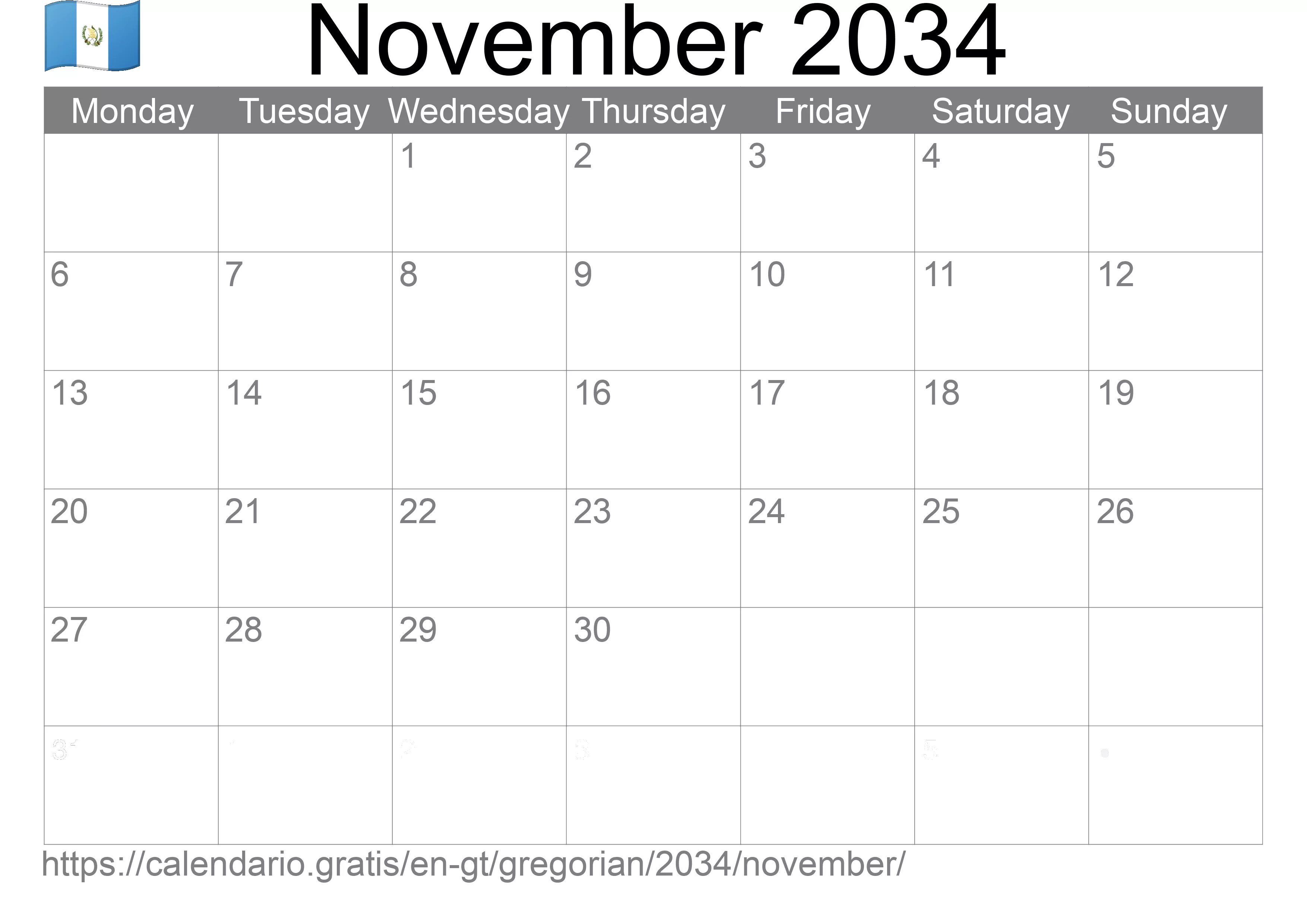 Calendar November 2034 to print (Guatemala) Calendar November 2034 to print (Guatemala)