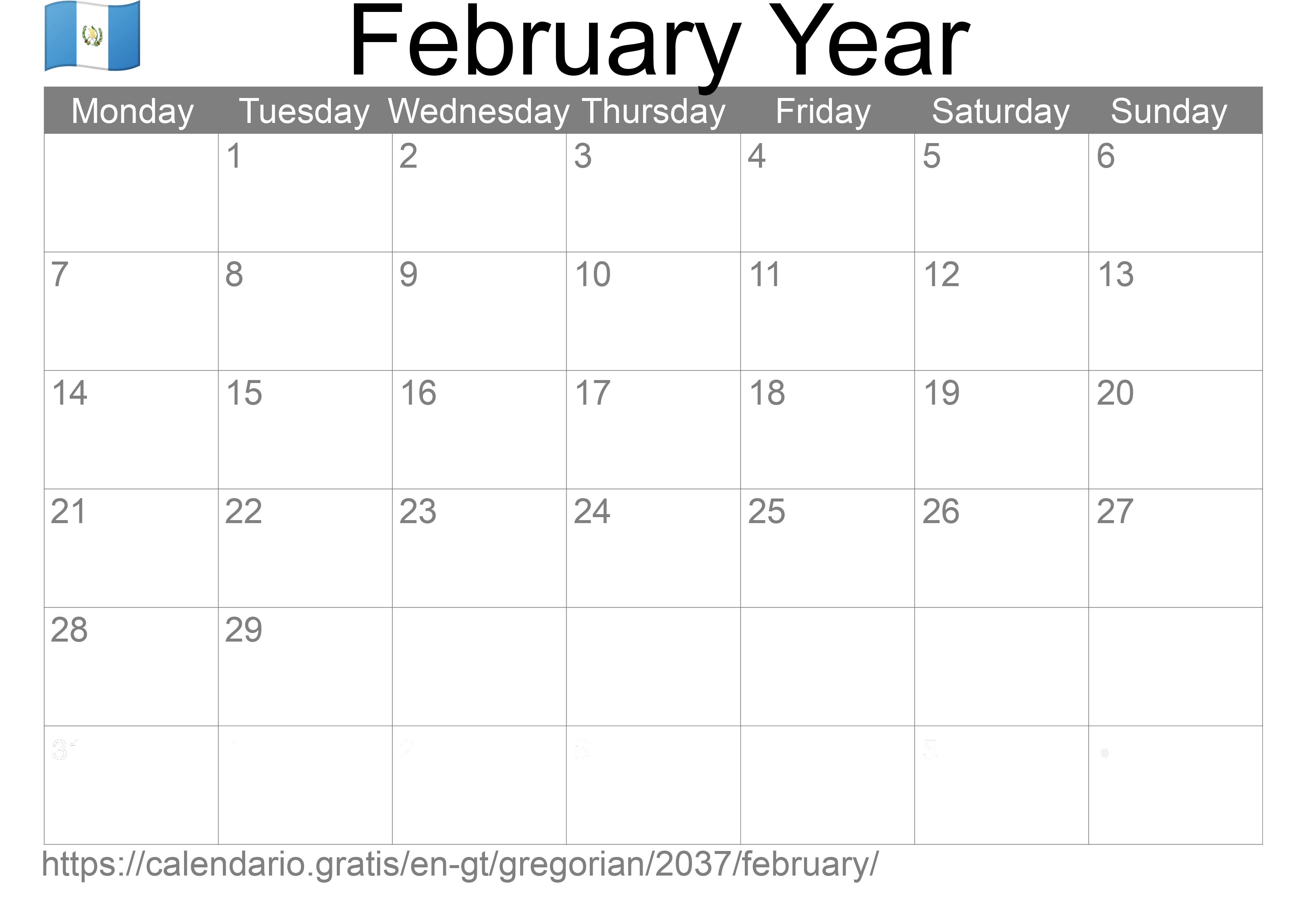 Calendar February 2037 to print