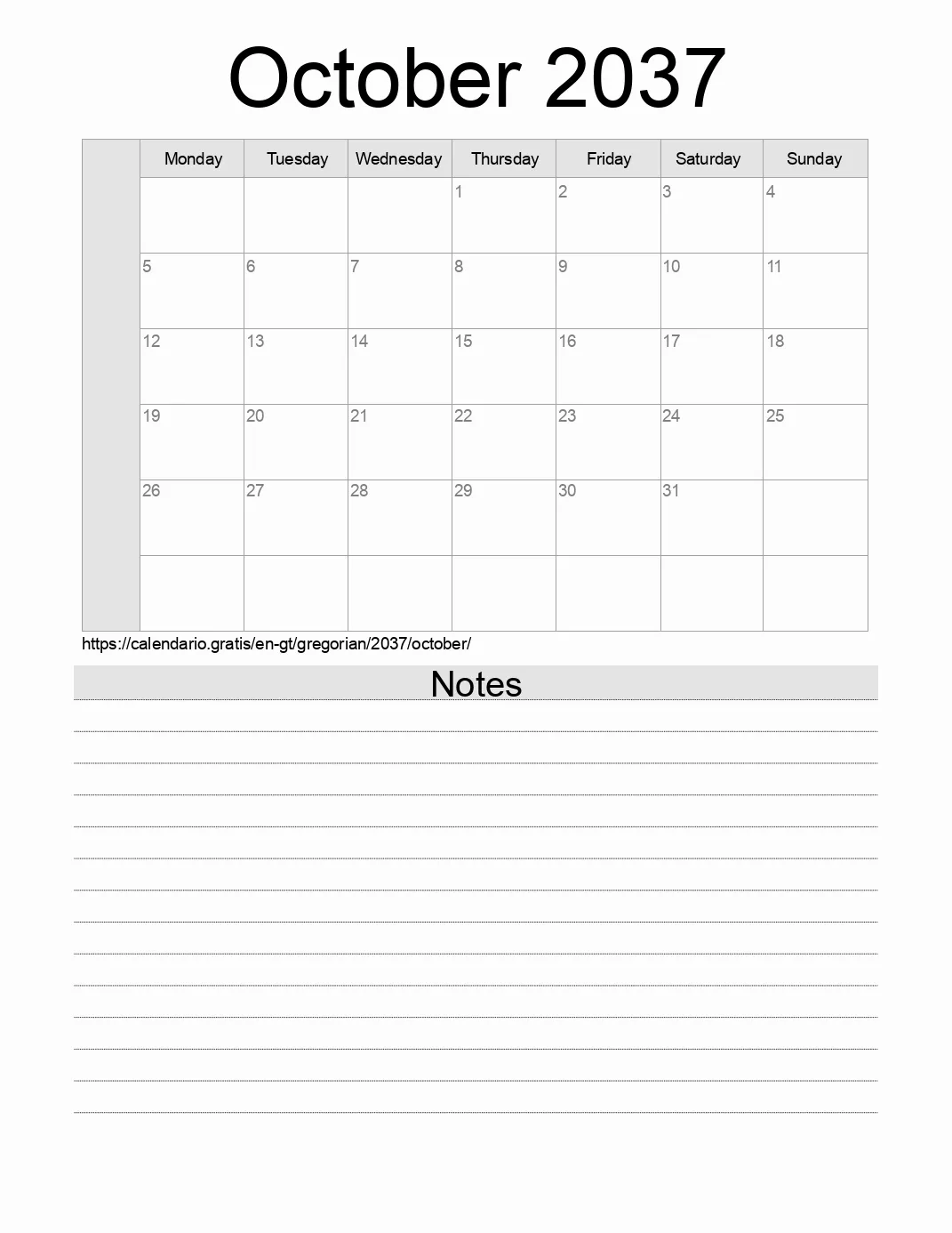 Calendar for printing with notes for 2037 October . (Guatemala)