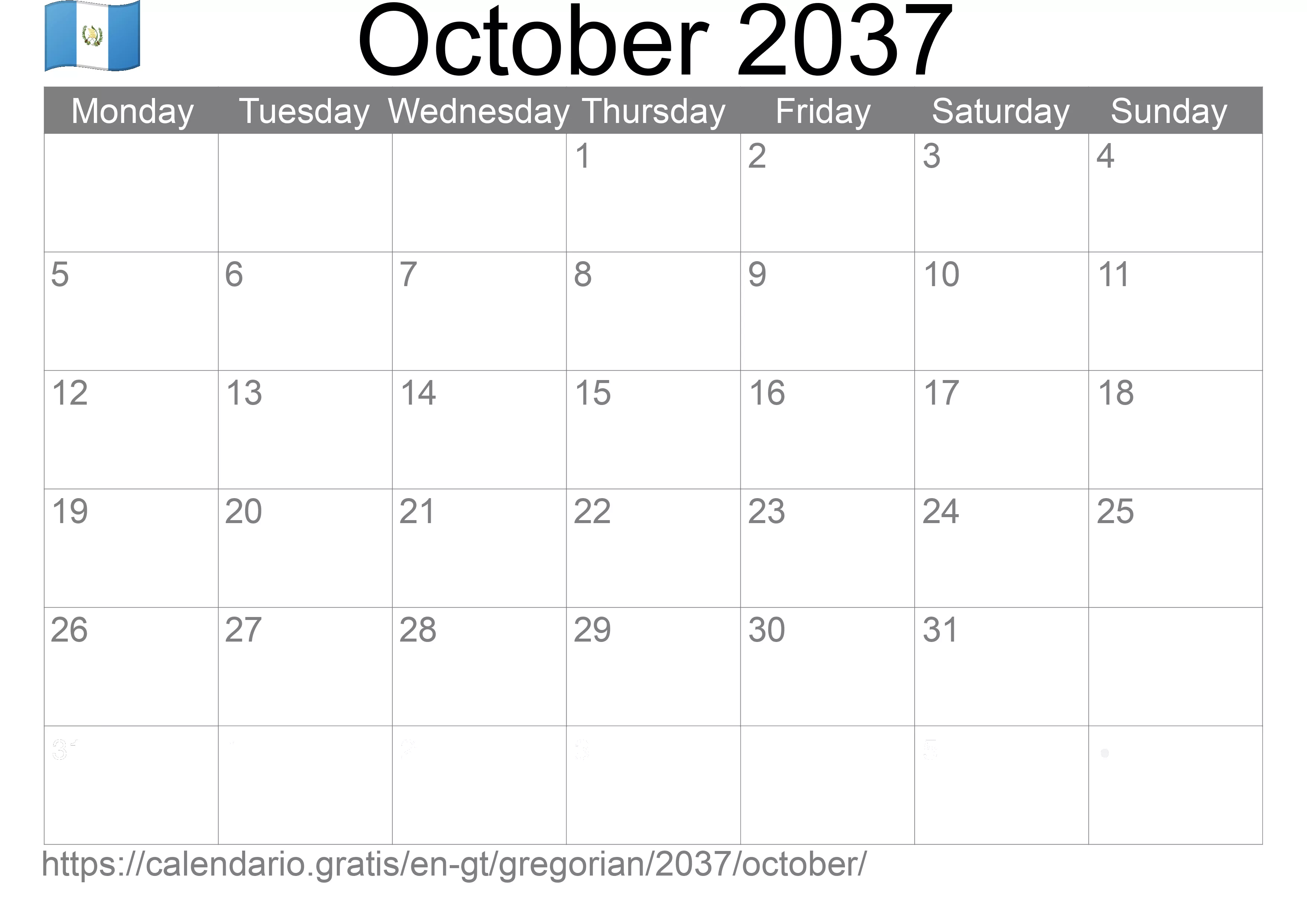 Calendar October 2037 to print (Guatemala)