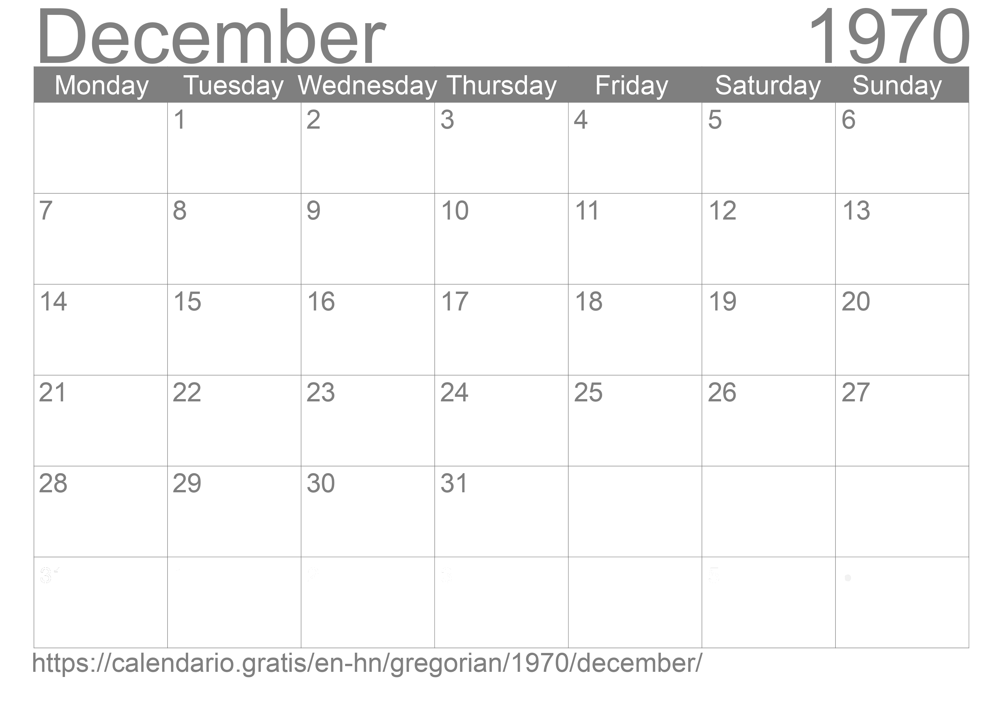 Calendar December 1970 to print