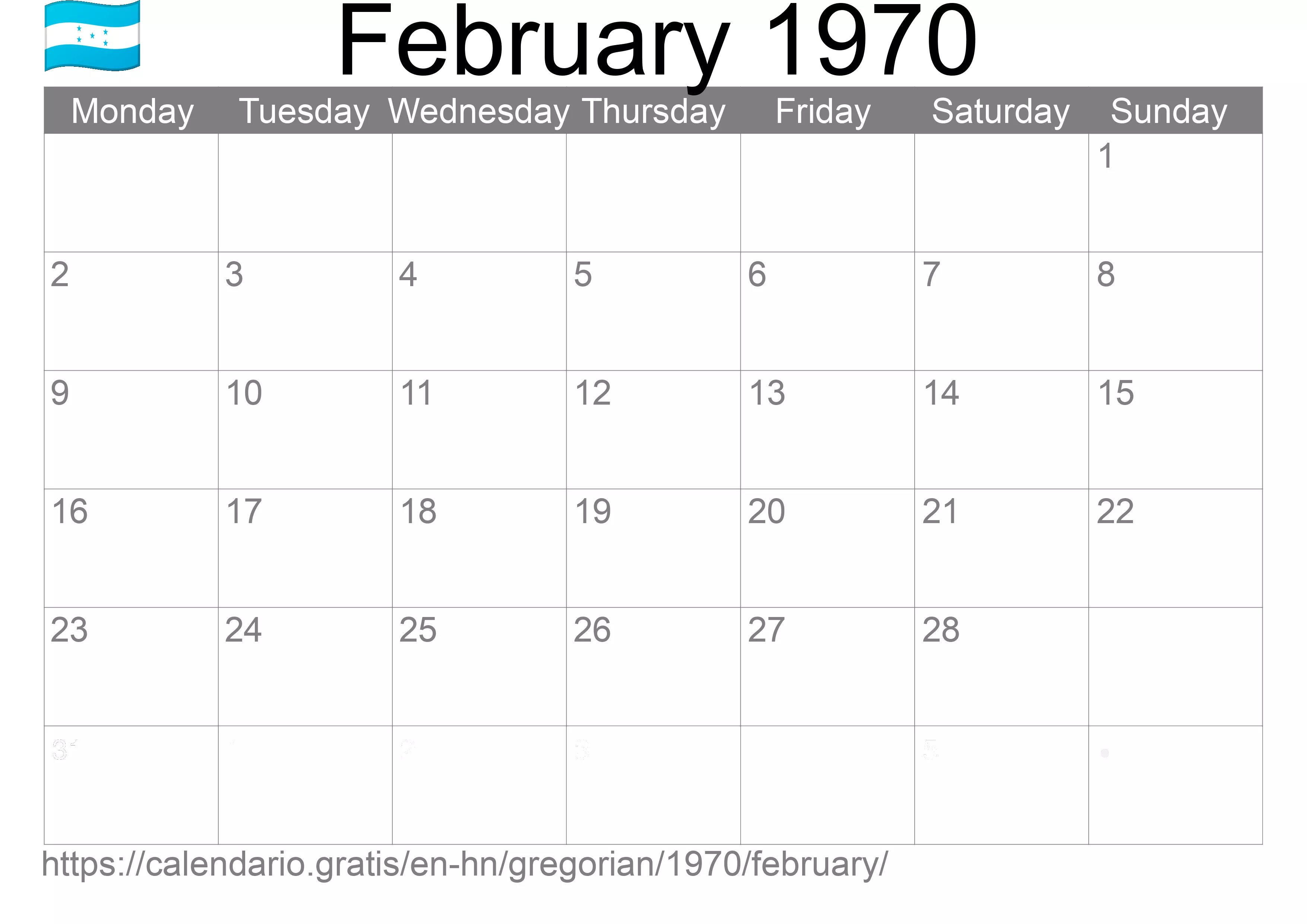 Calendar February 1970 to print (Honduras) Calendar February 1970 to print (Honduras)