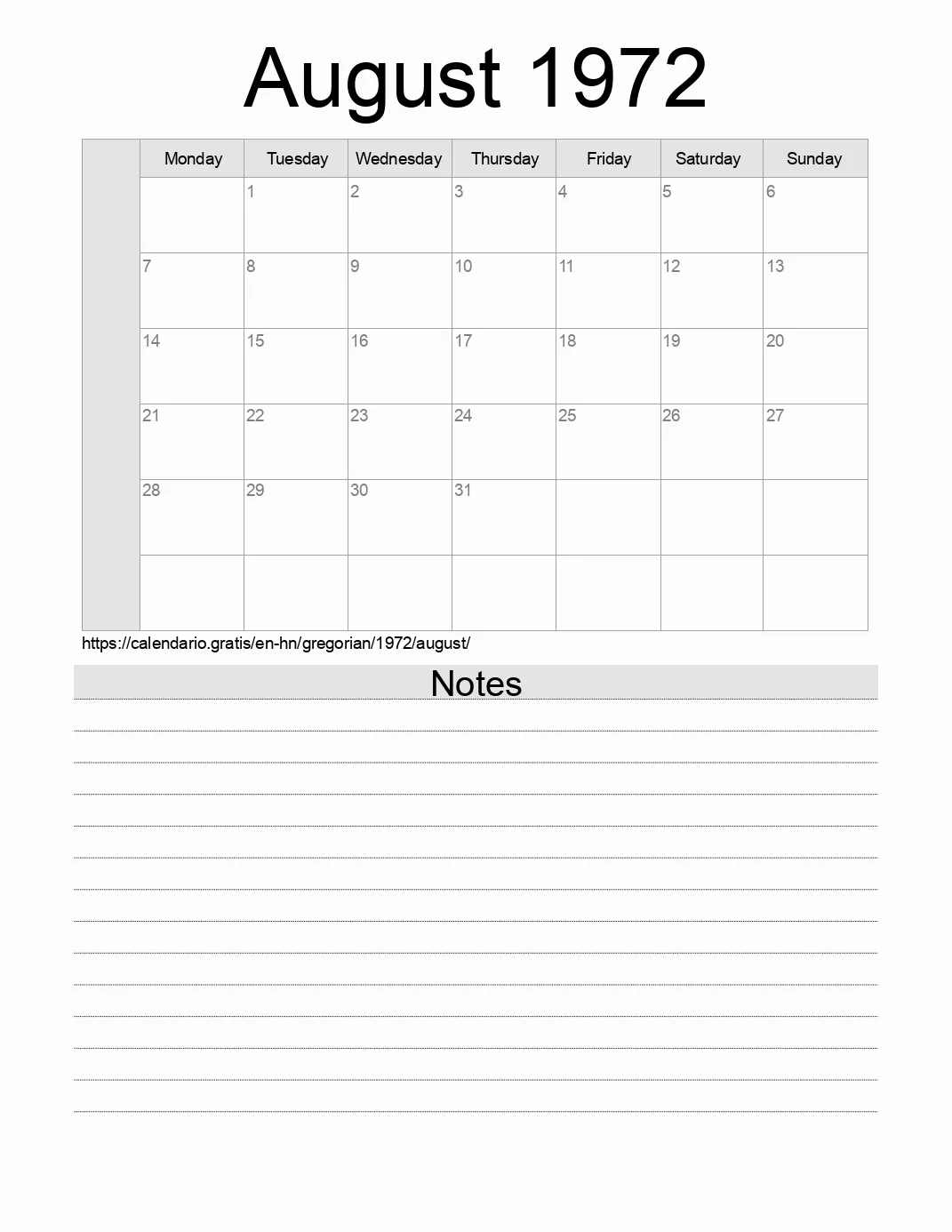 Calendar for printing with notes for 1972 August . (Honduras) Calendar for printing with notes for 1972 August . (Honduras)