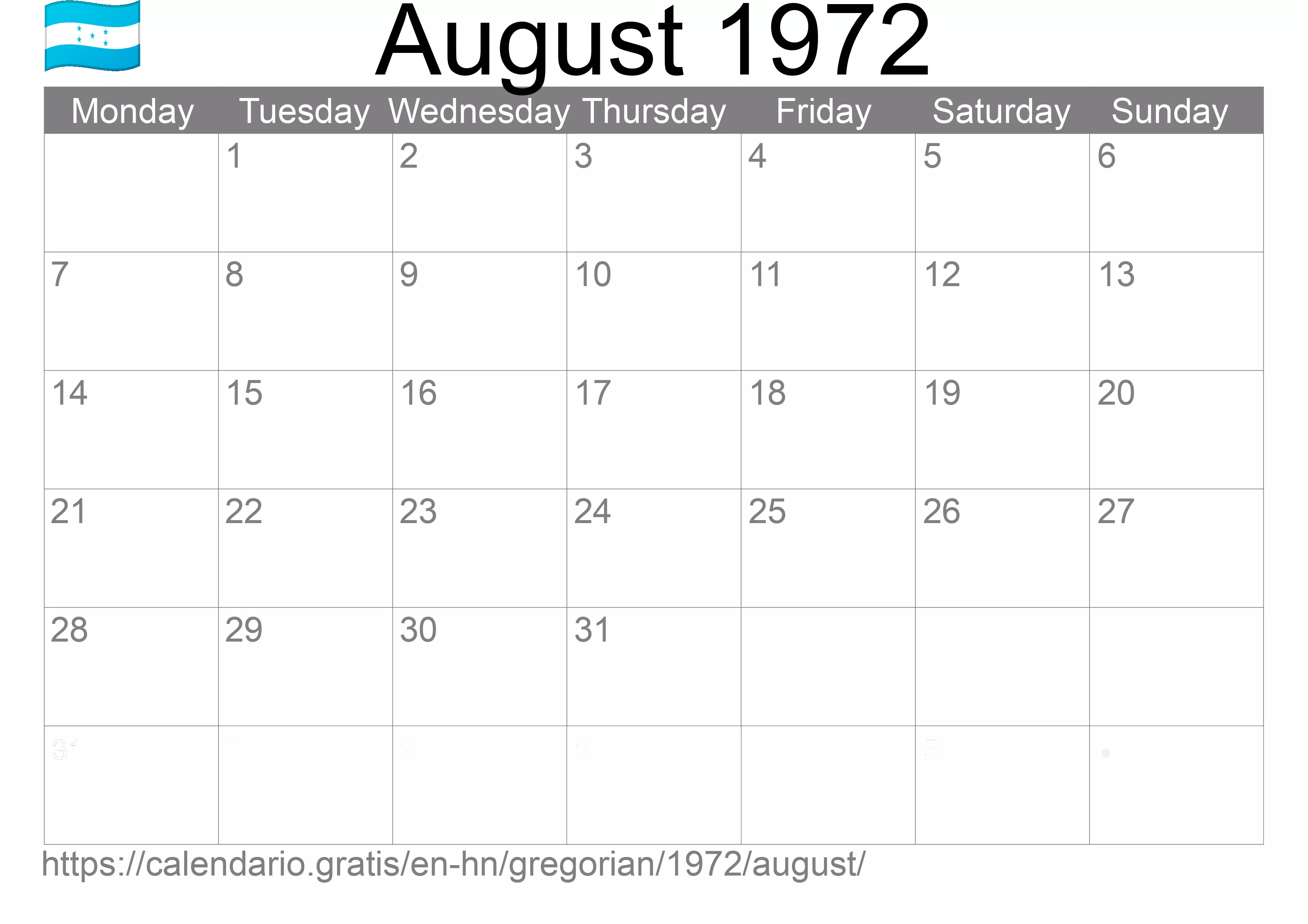 Calendar August 1972 to print (Honduras) Calendar August 1972 to print (Honduras)
