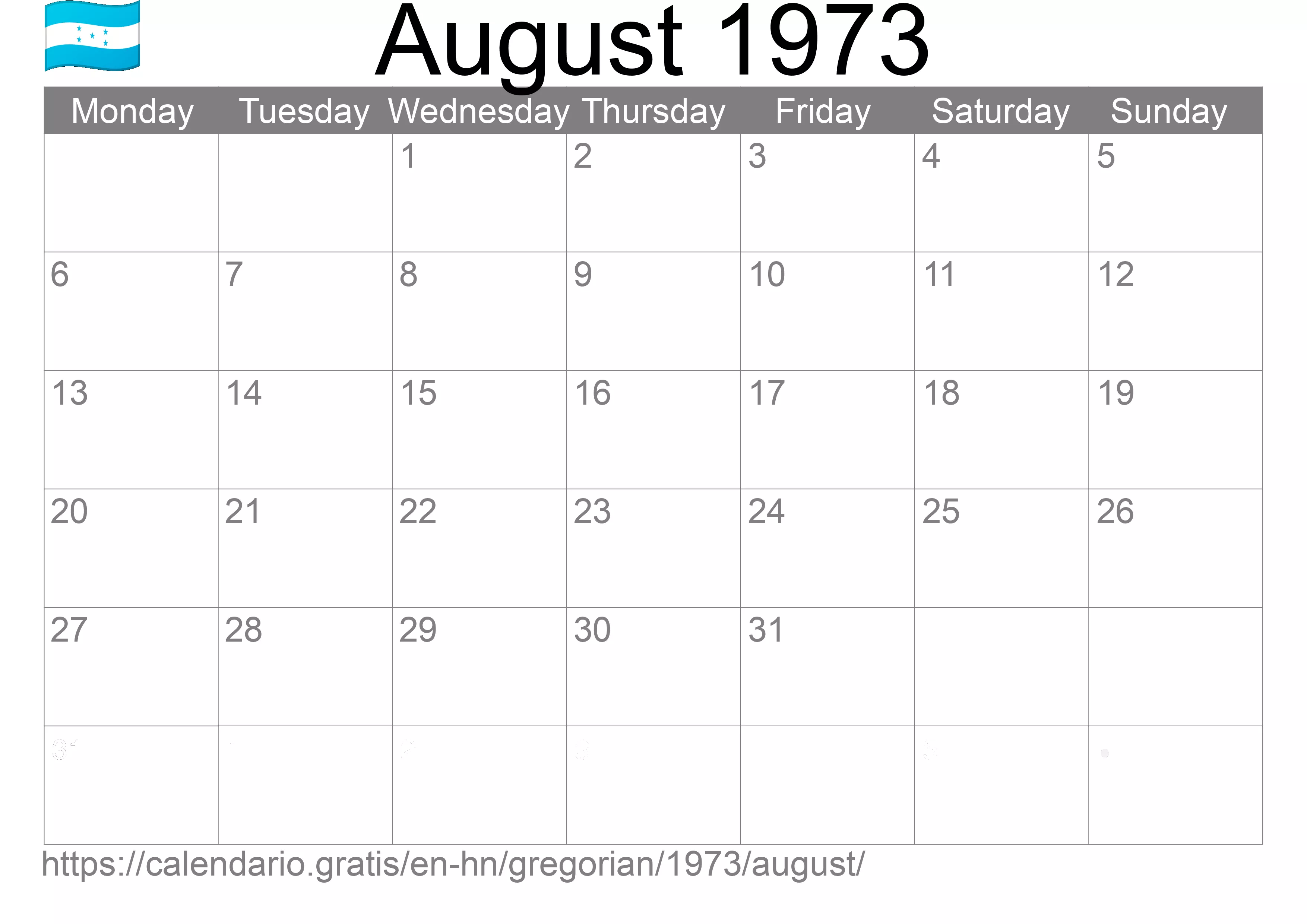 Calendar August 1973 to print (Honduras) Calendar August 1973 to print (Honduras)