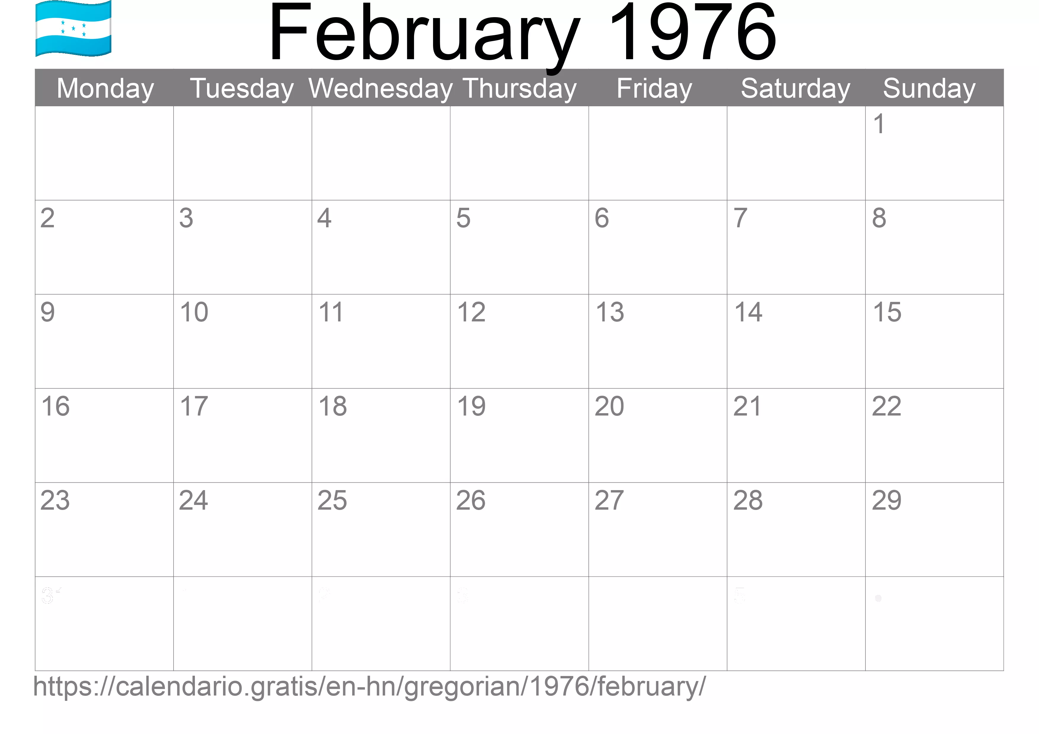 Calendar February 1976 to print (Honduras) Calendar February 1976 to print (Honduras)