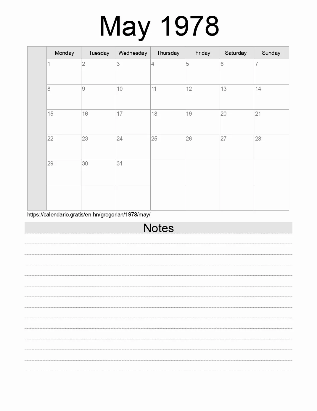 Calendar for printing with notes for 1978 May . (Honduras)