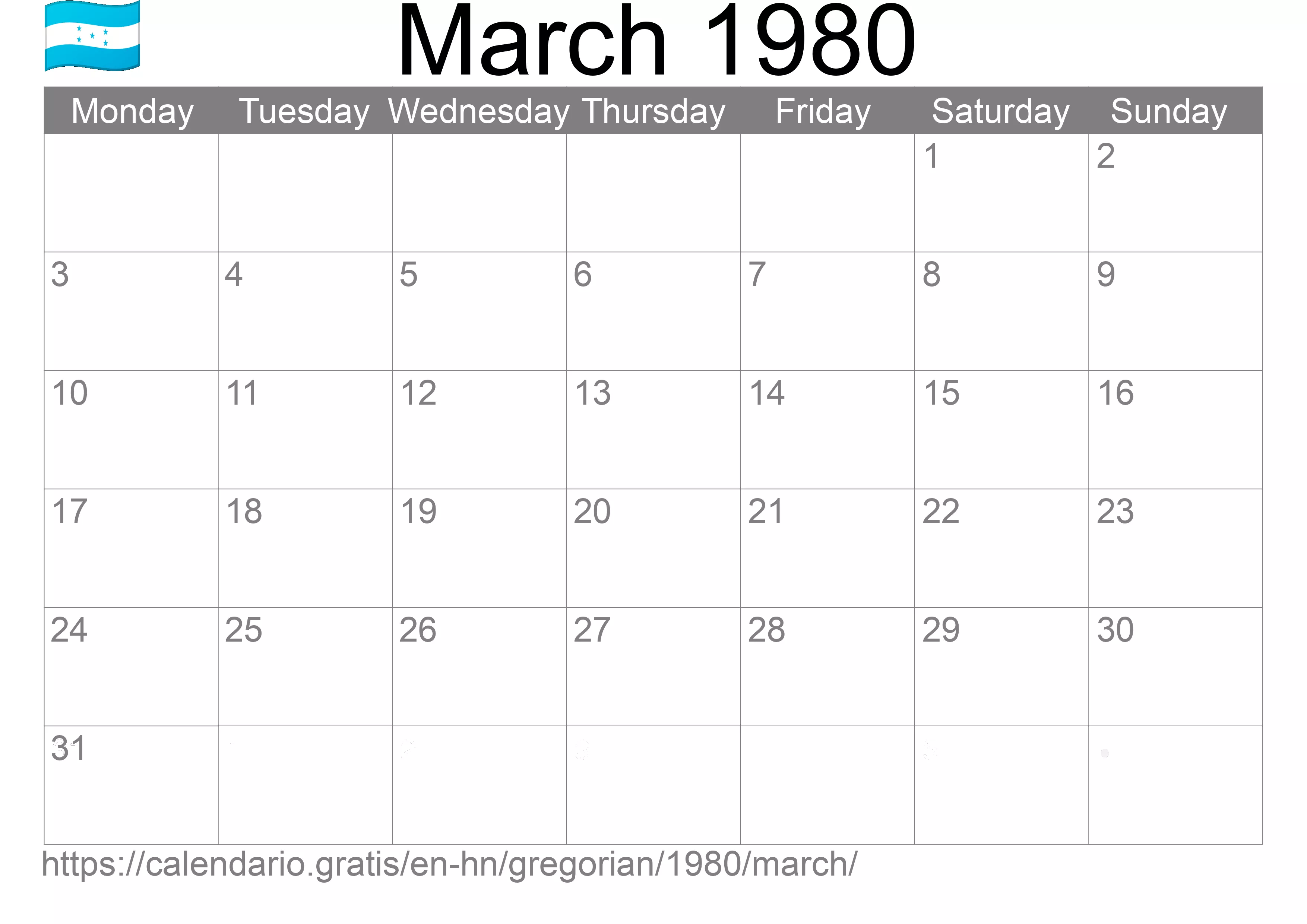 Calendar March 1980 to print (Honduras) Calendar March 1980 to print (Honduras)