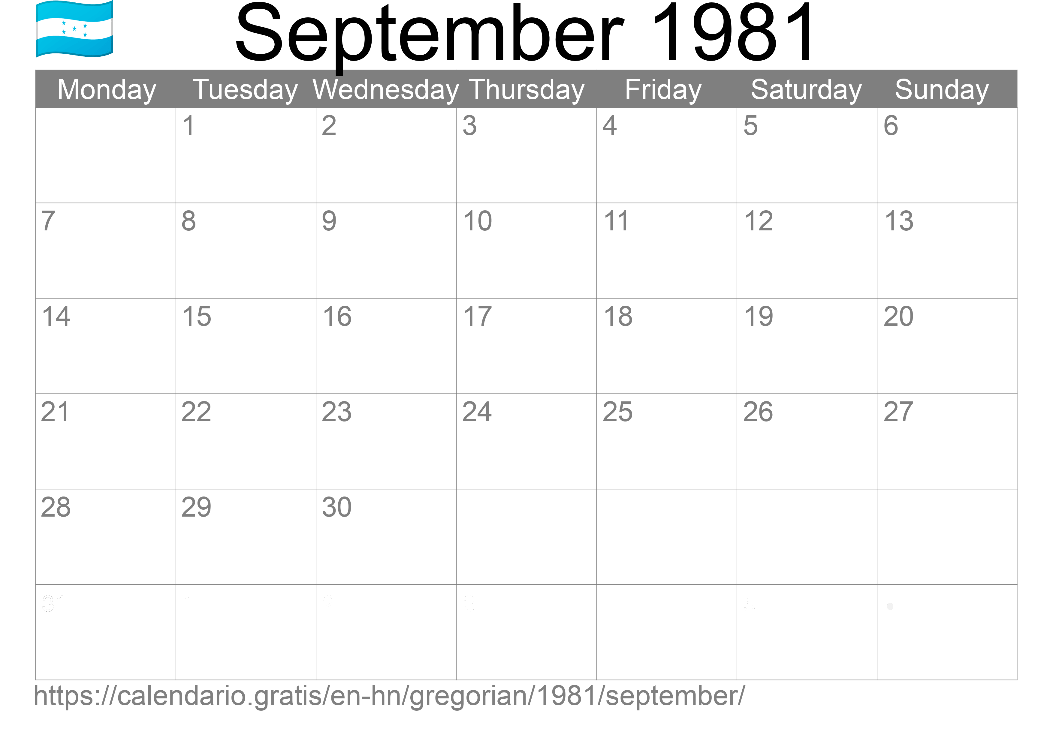 Calendar September 1981 to print