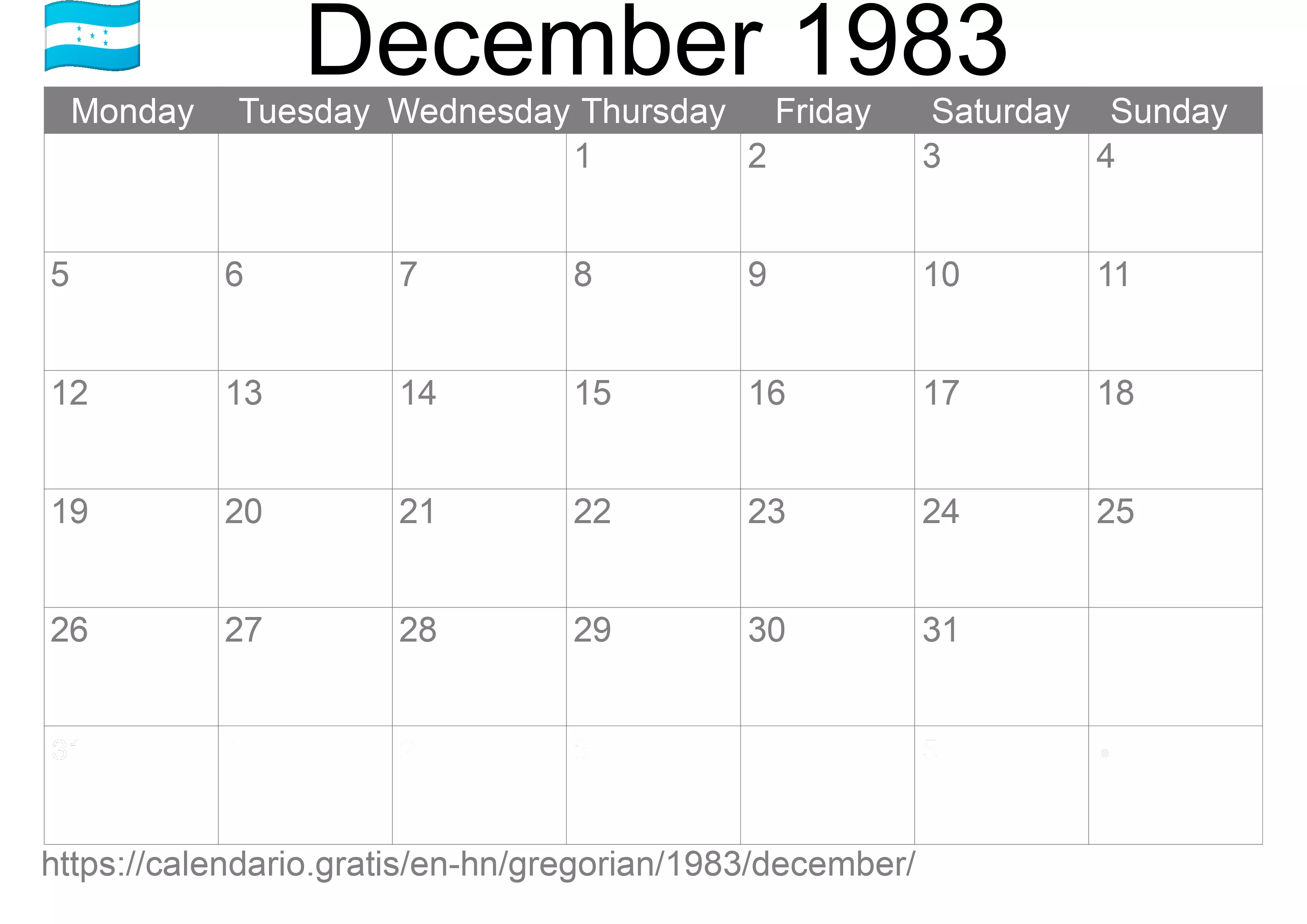 Calendar December 1983 to print (Honduras) Calendar December 1983 to print (Honduras)