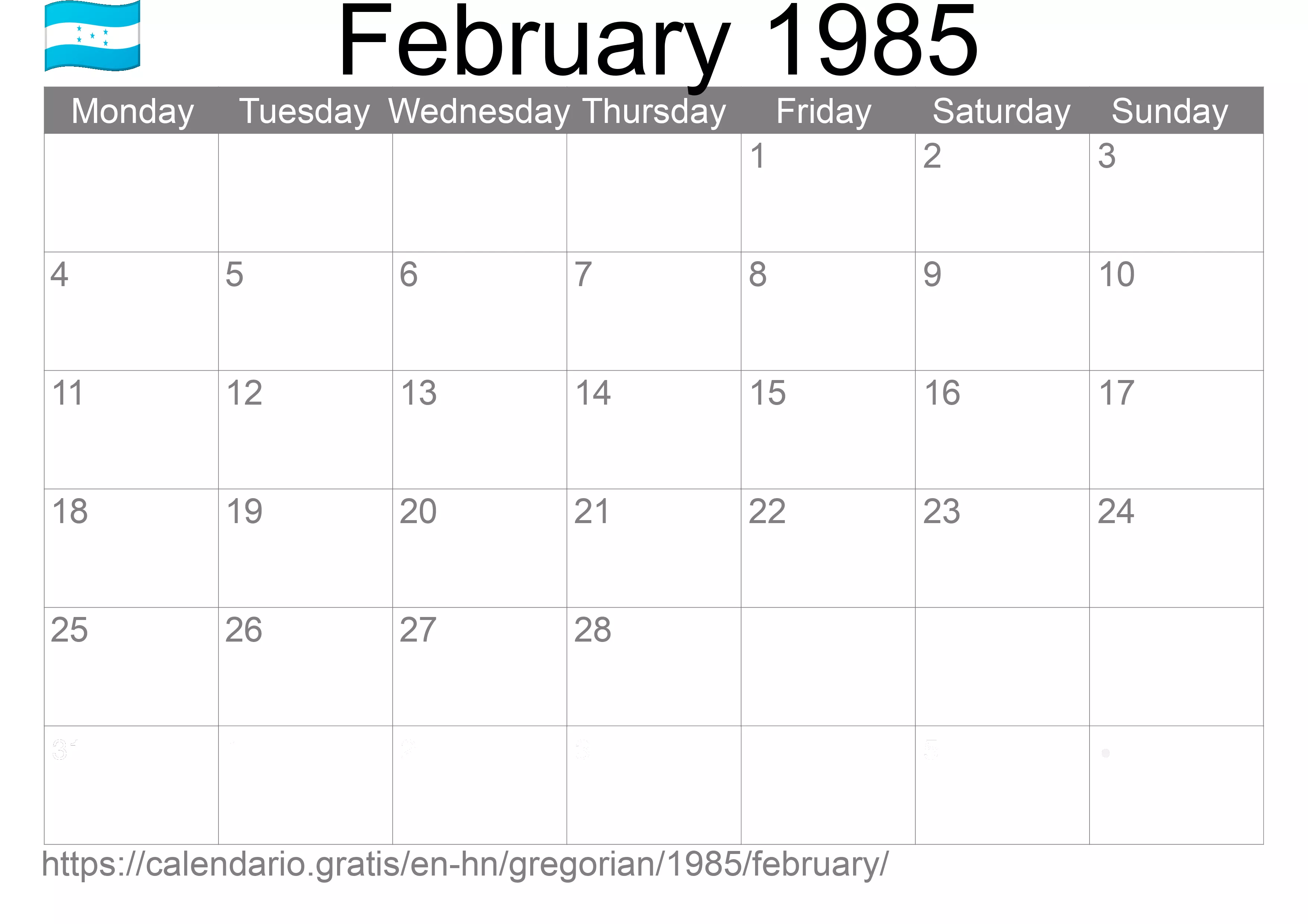 Calendar February 1985 to print (Honduras) Calendar February 1985 to print (Honduras)