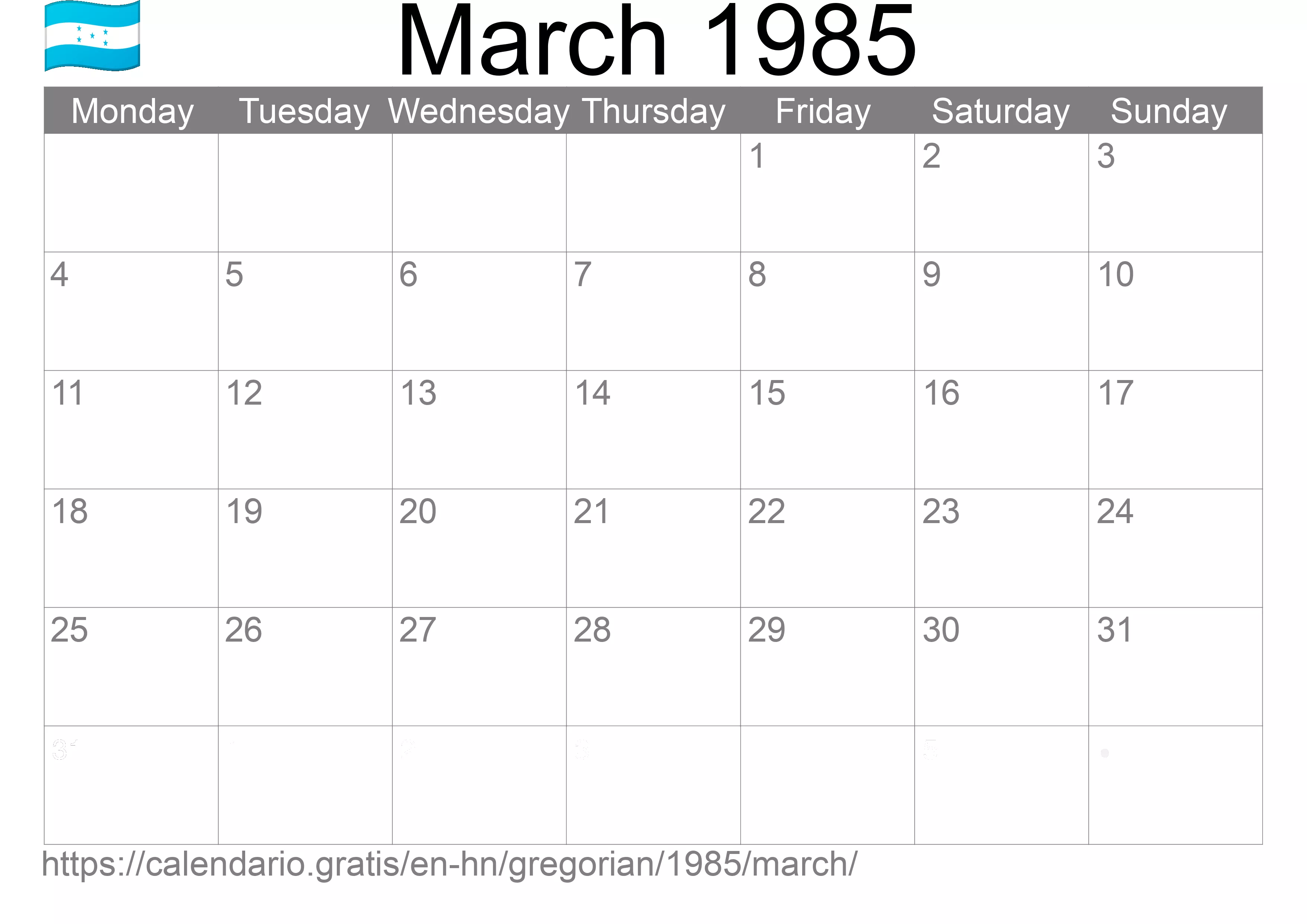 Calendar March 1985 to print (Honduras)